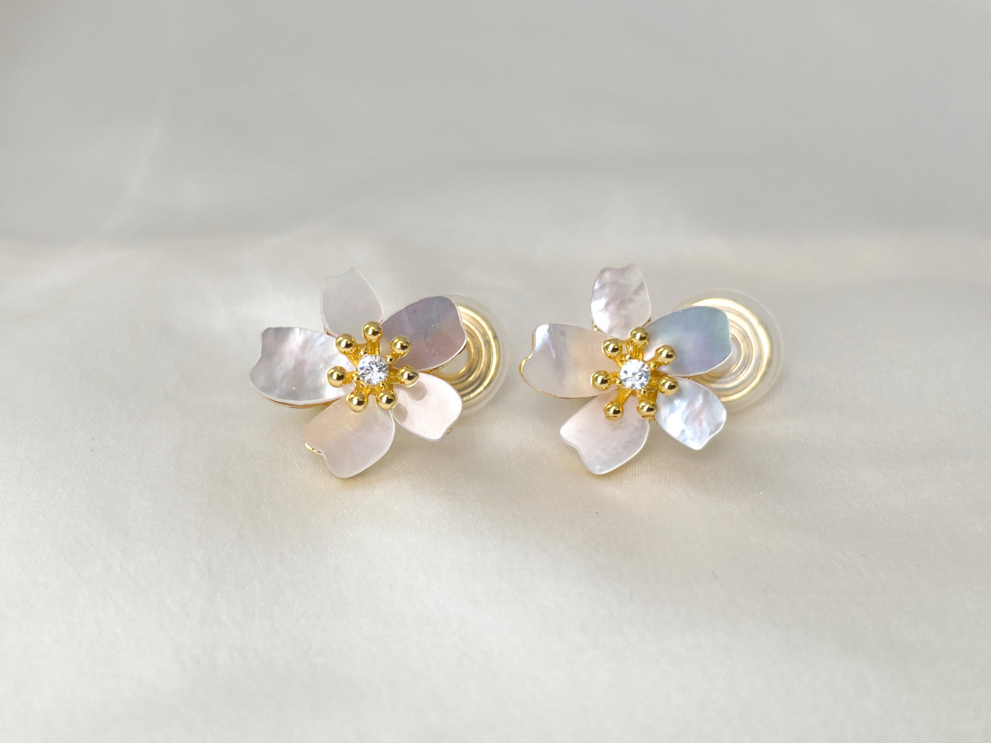 Hand Carved Mother of Pearl Cherry Blossom Clip on Earrings