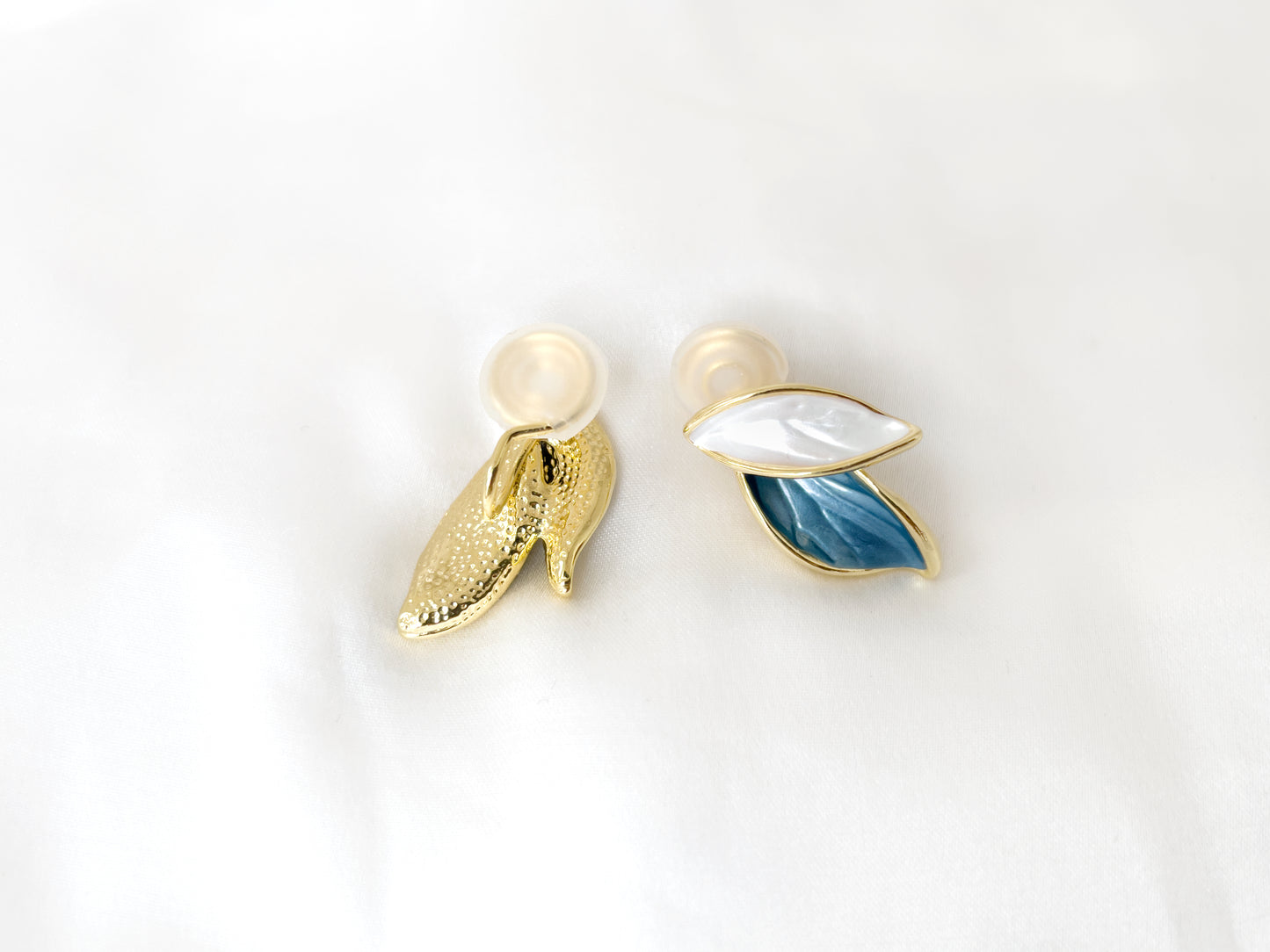 White and Blue Leaf Clip on Earrings