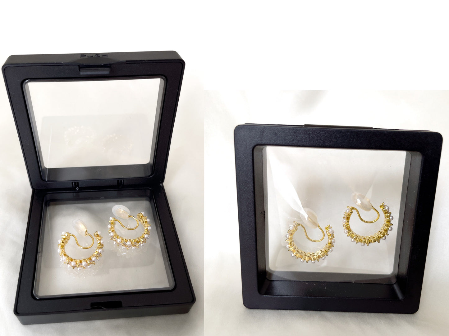 Pearls and Sparkles Gold Huggie Hoop Clip on Earrings