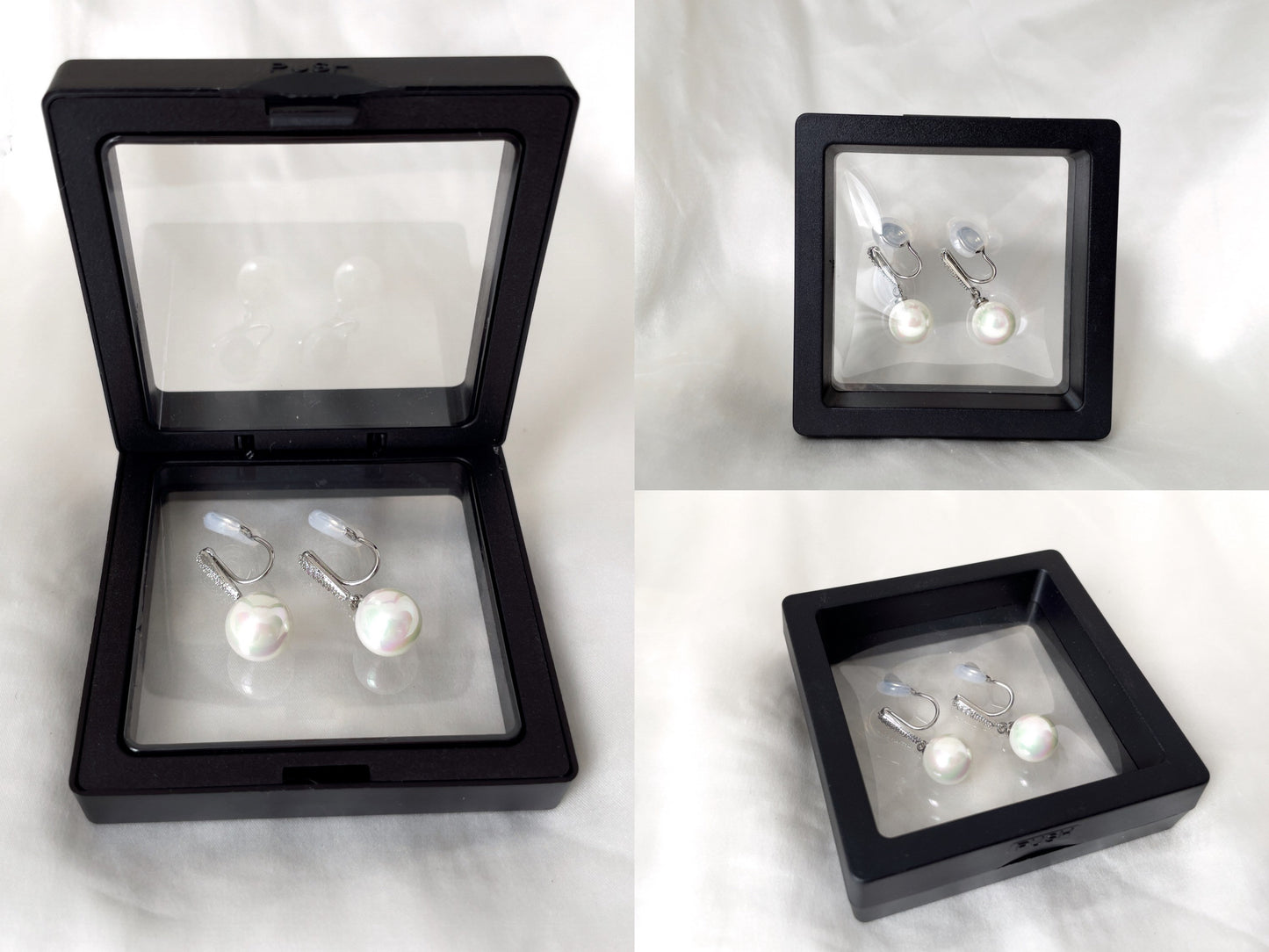 White Pearl CZ Crystal Silver Dangle Clip on Earrings