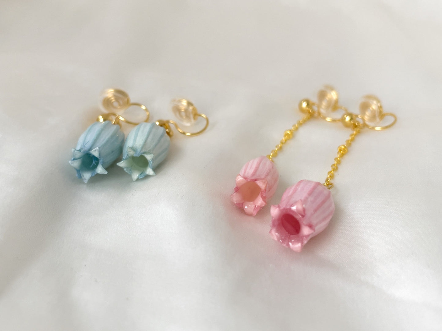 Dried Pale Blue/Pink Bluebell Flower Clip on Earrings