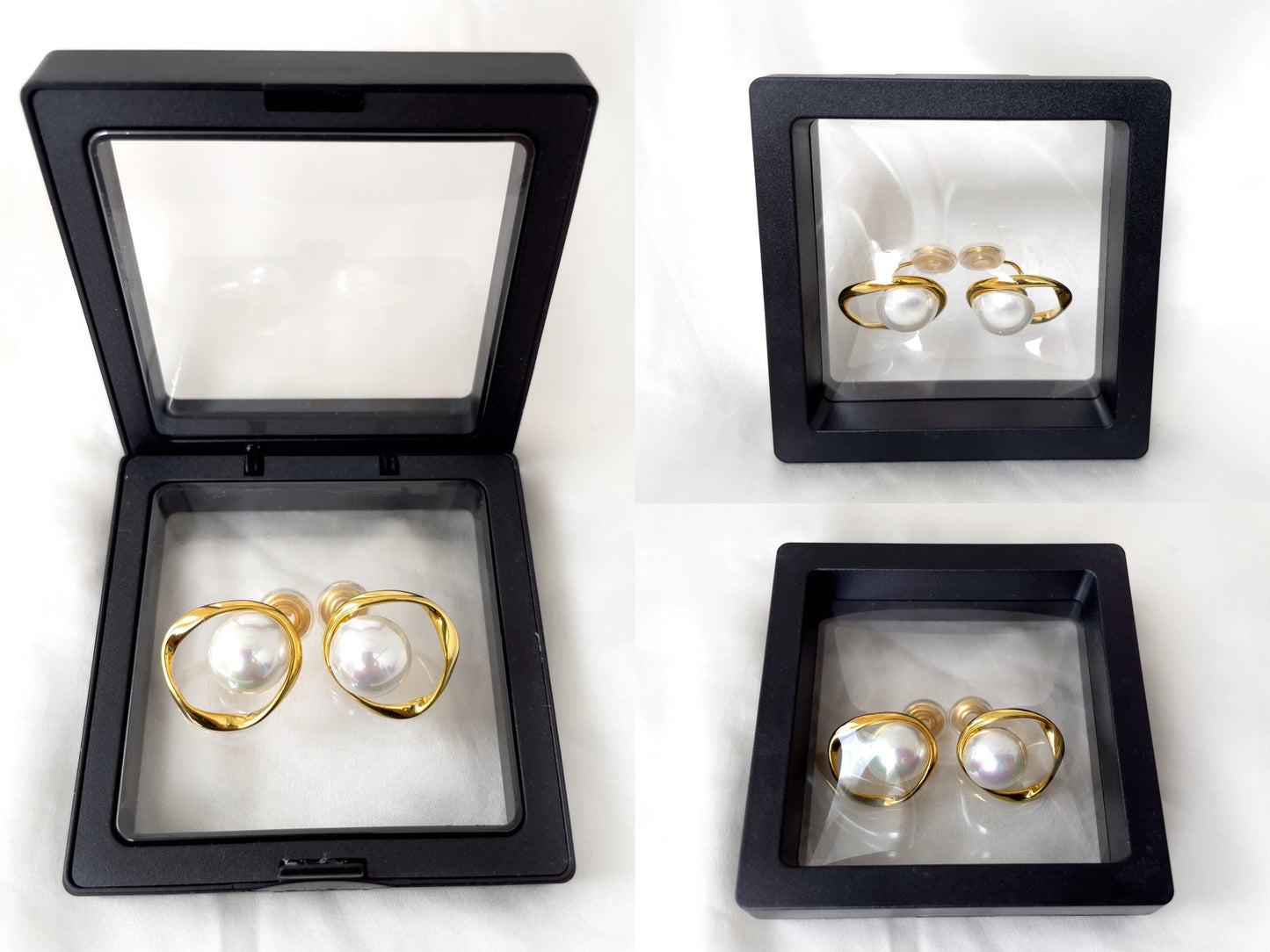 Dainty large pearl studs with gold circle, Gold twisted hoop with pearl clip on earrings