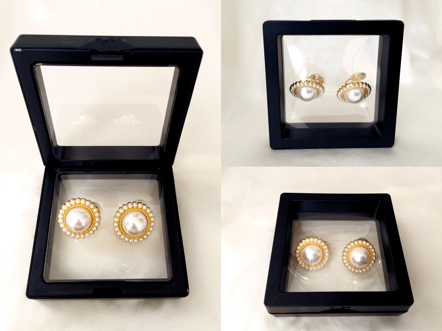 Vintage Retro White Pearl Gold Clip on Studs