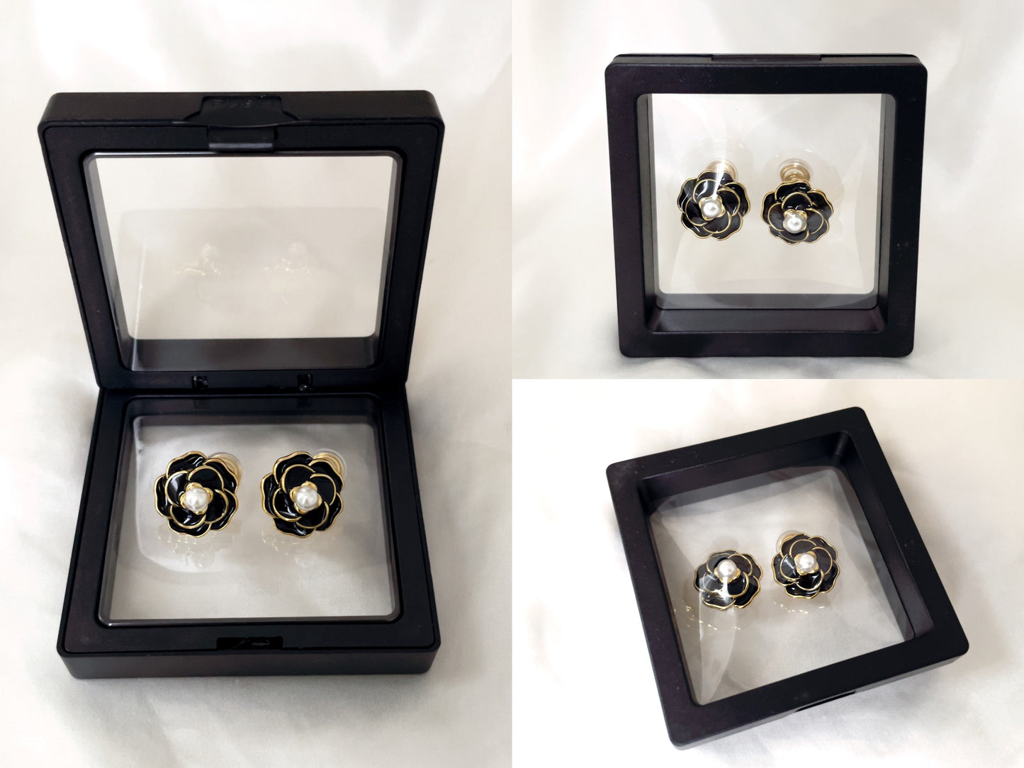 Elegant Black/White Camellia Clip on Earrings