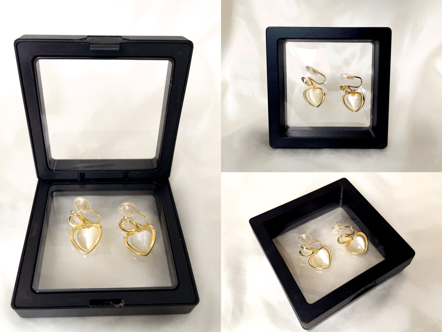 Dainty Cats Eye Heart Dangle Clip on Earrings