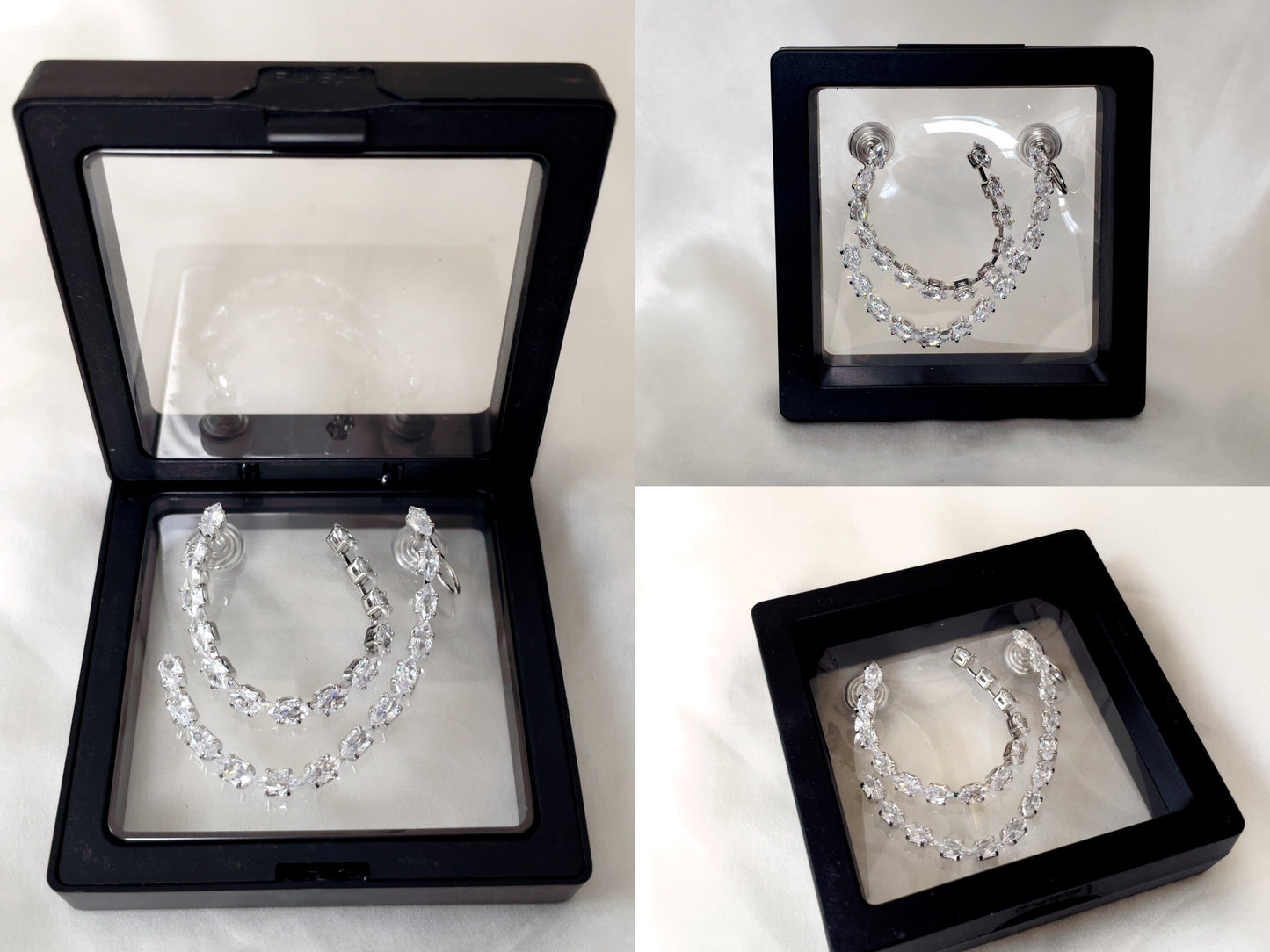 Long Drop CZ Crystal Dangle Clip on Earrings