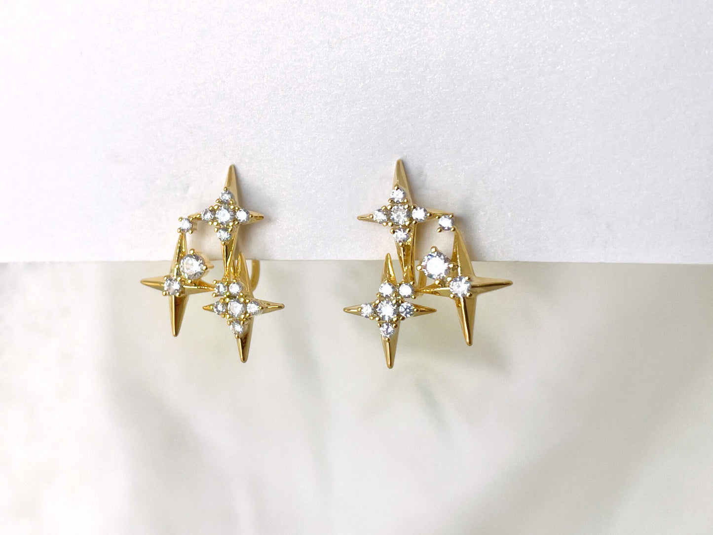 Sparkly CZ stars gold clip on earrings, Four point star clip on studs, Dainty three stars earrings, Invisible clip on earrings