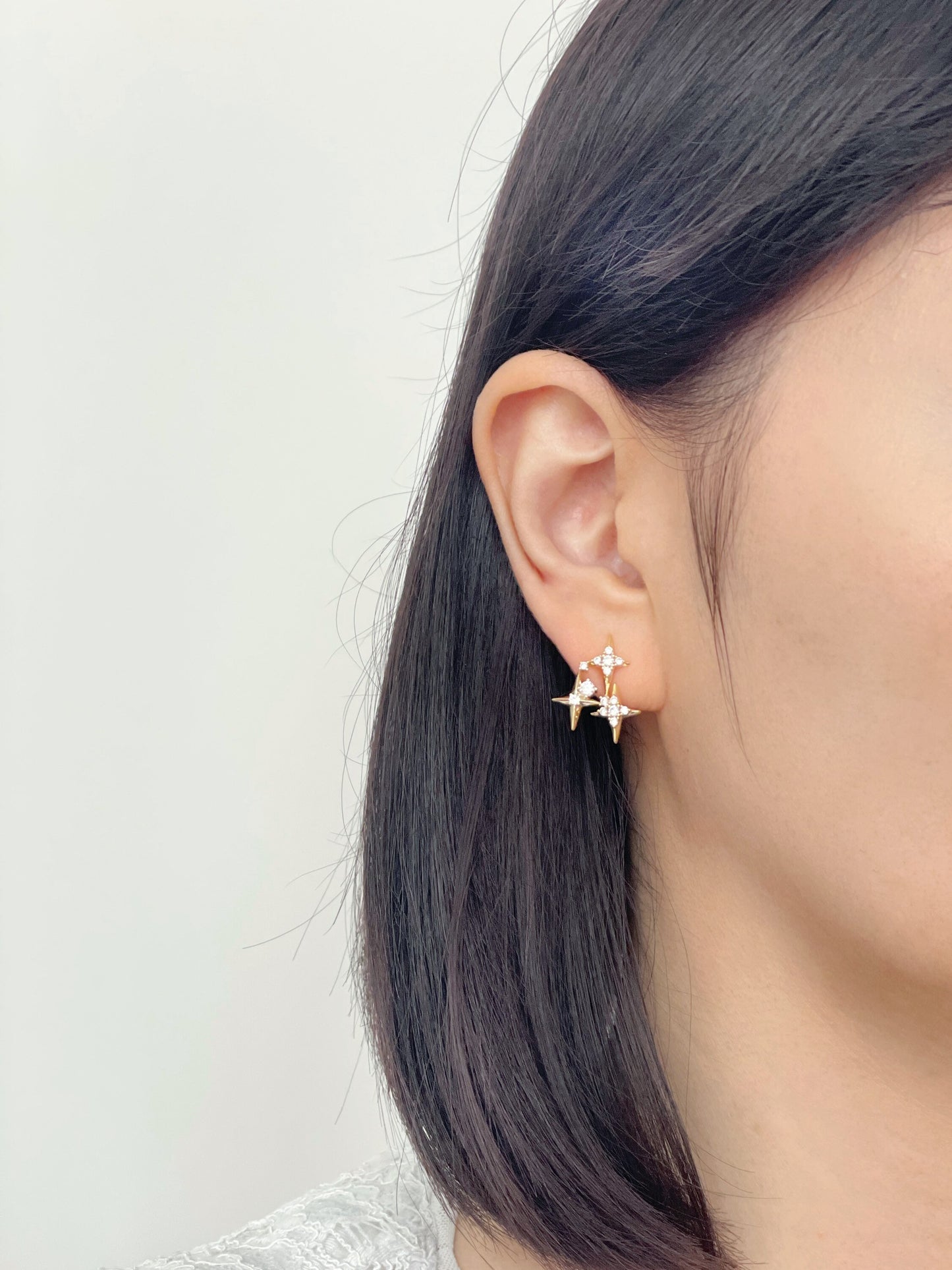 Sparkly CZ stars gold clip on earrings, Four point star clip on studs, Dainty three stars earrings, Invisible clip on earrings
