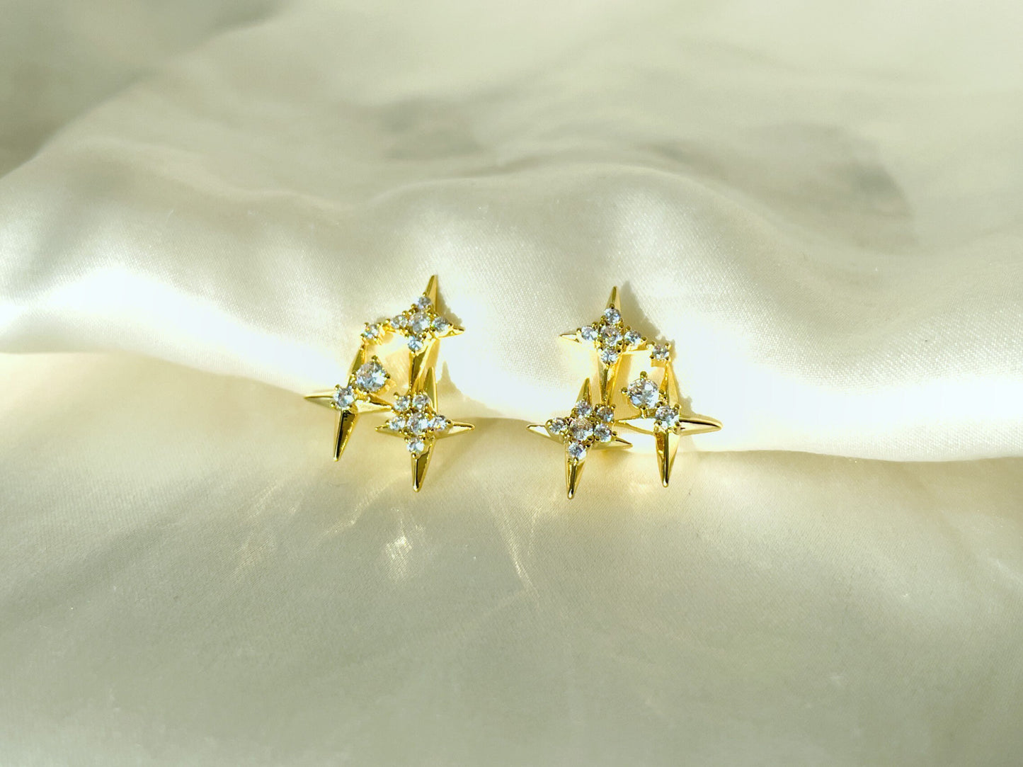Sparkly CZ stars gold clip on earrings, Four point star clip on studs, Dainty three stars earrings, Invisible clip on earrings