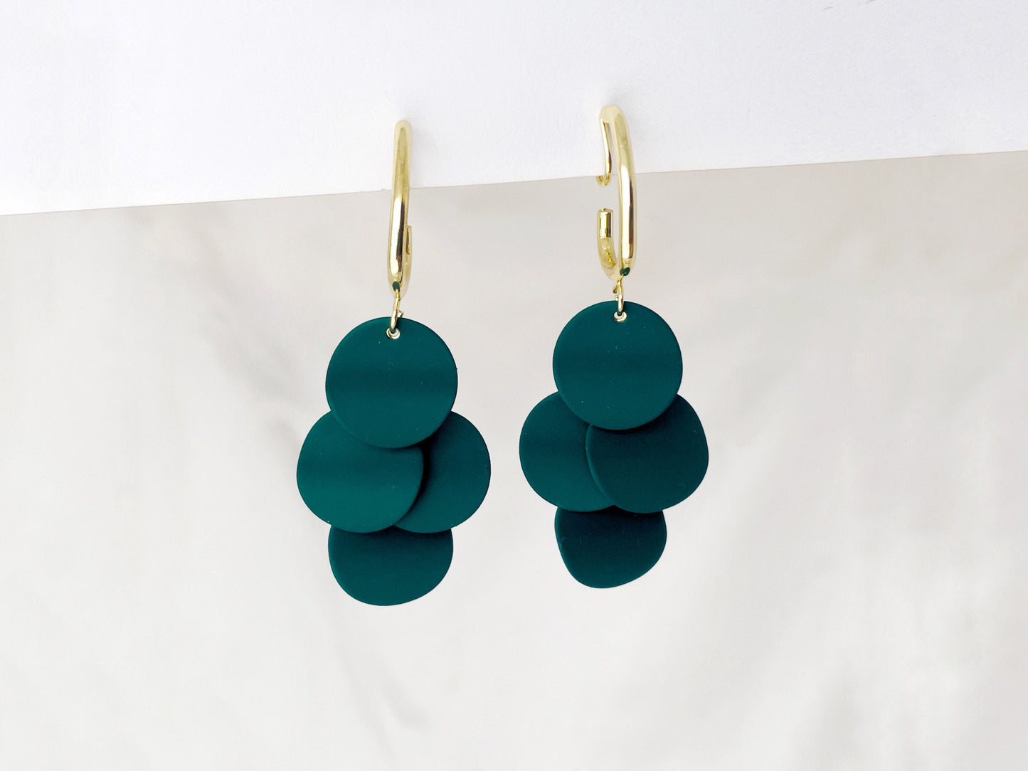 Statement green circle drop clip on earrings, Green matte finish dangle clip on earrings, Green and gold drop clip on earrings