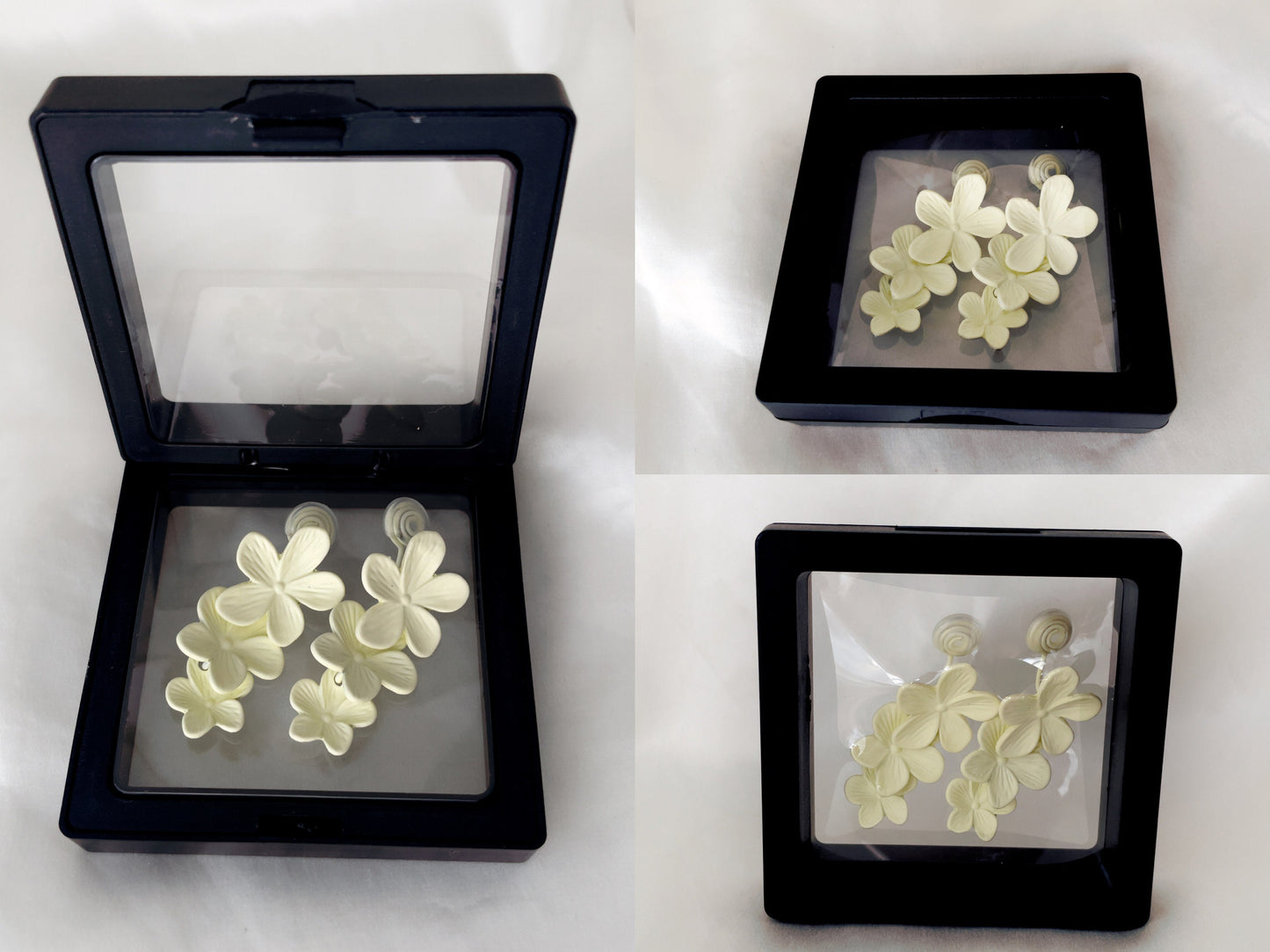 White Flower Drop Dangle Clip on Earrings