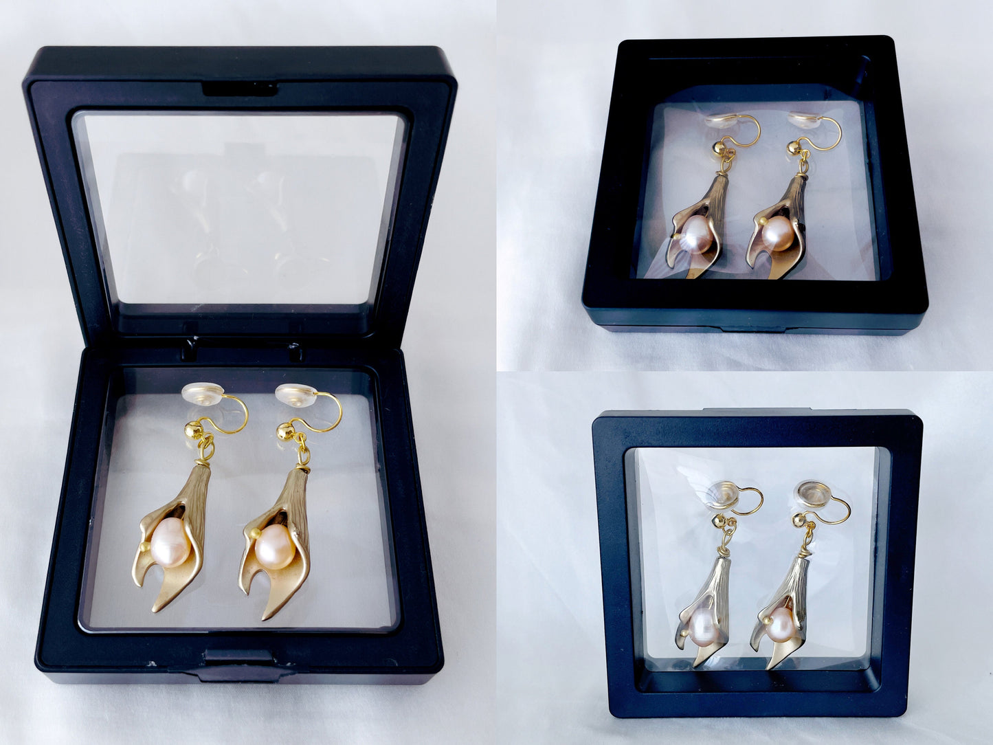 Brushed Gold Flower Freshwater Pearl Dangle Clip on Earrings