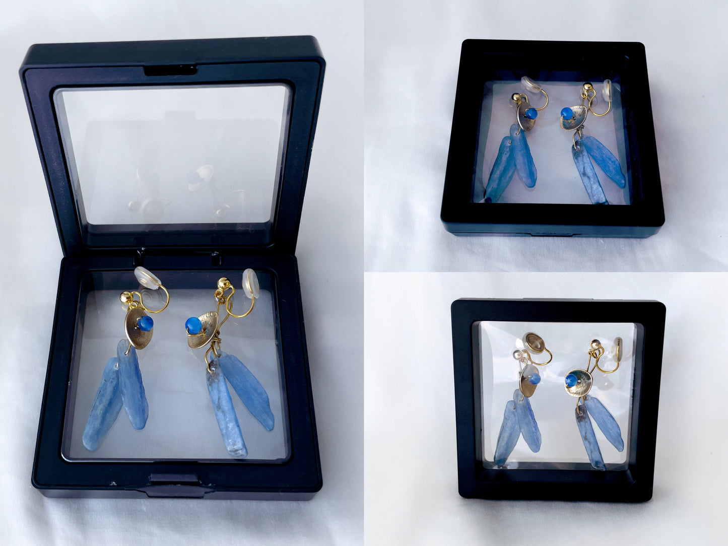 Blue Kyanite Blades Hand Wired Clip on Earrings