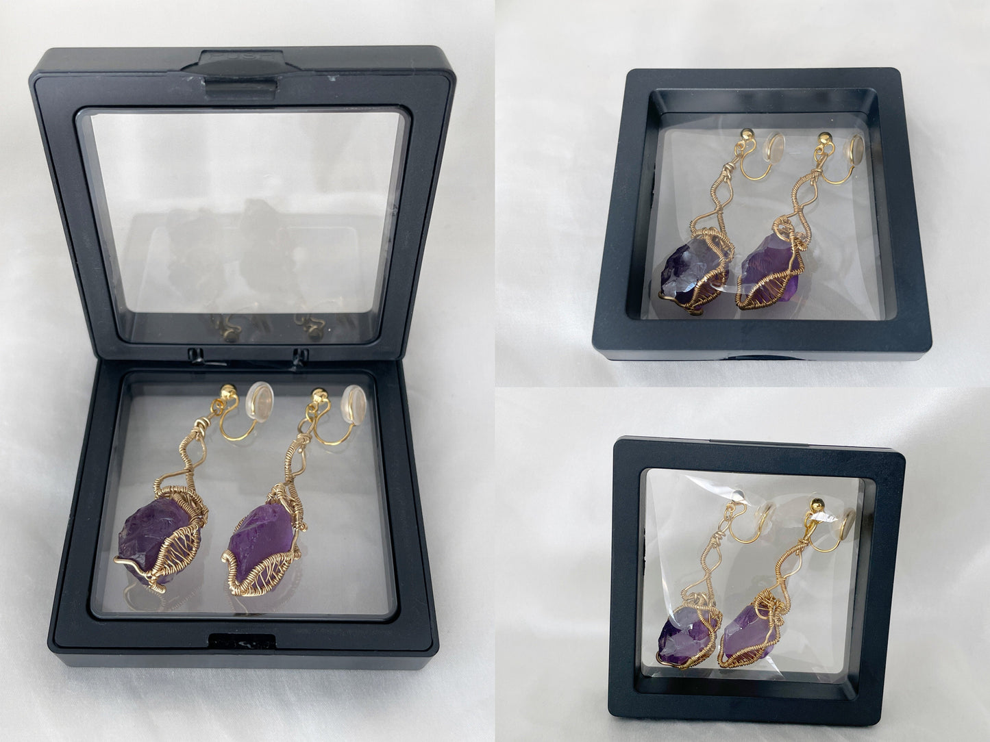 Hand Woven Raw Crystal Clip on Earrings, Amethyst/Citrine Wire Wrapped Clip on Earrings