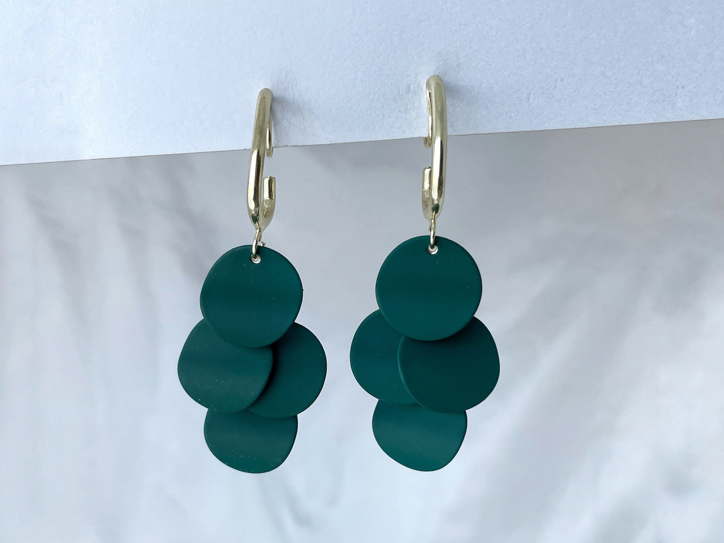 Statement green circle drop clip on earrings, Green matte finish dangle clip on earrings, Green and gold drop clip on earrings