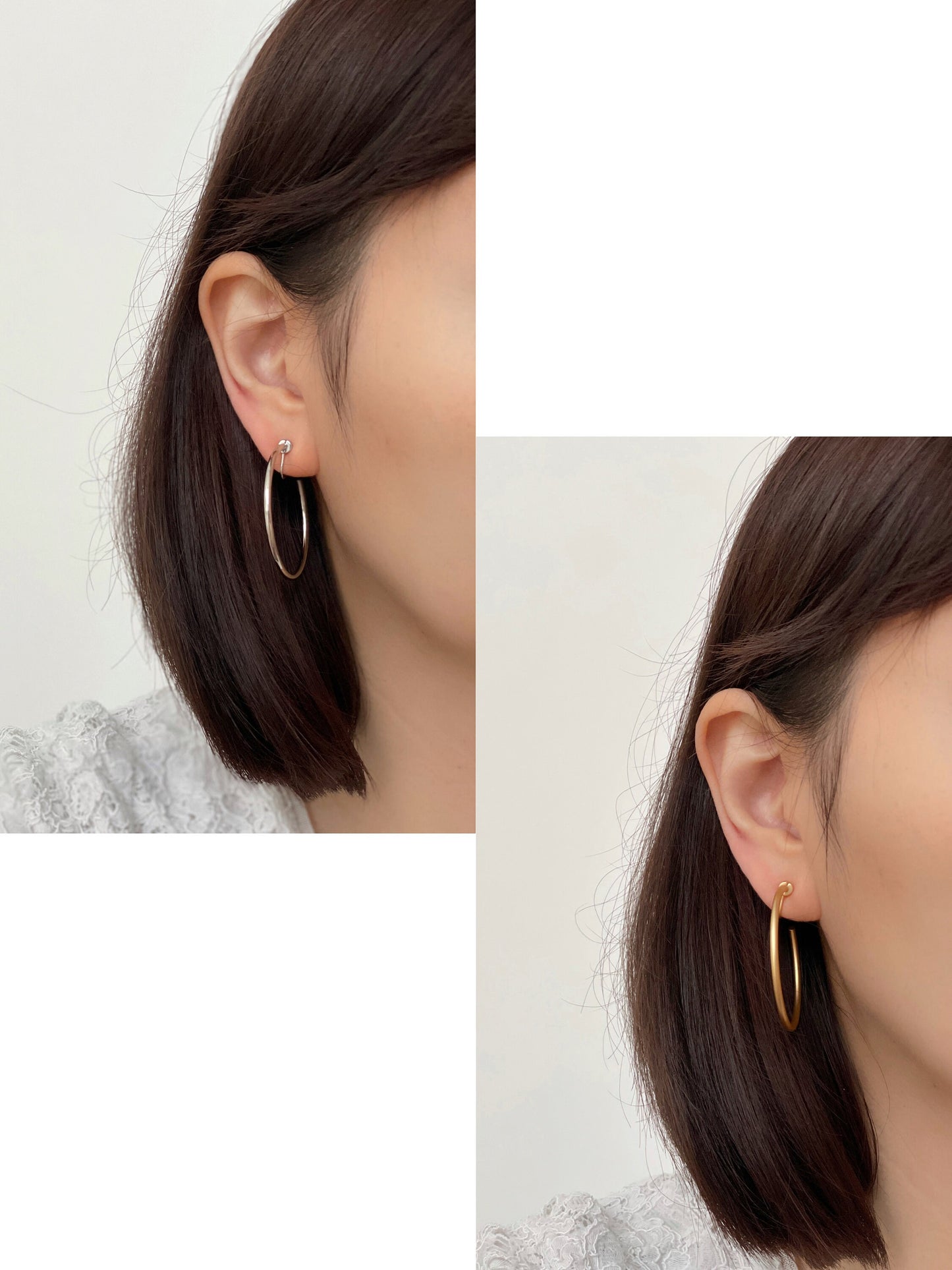 Statement gold silver hoop clip on earrings, 40mm large hoop dangle clip on earring, Lightweight hoop clip on earrings