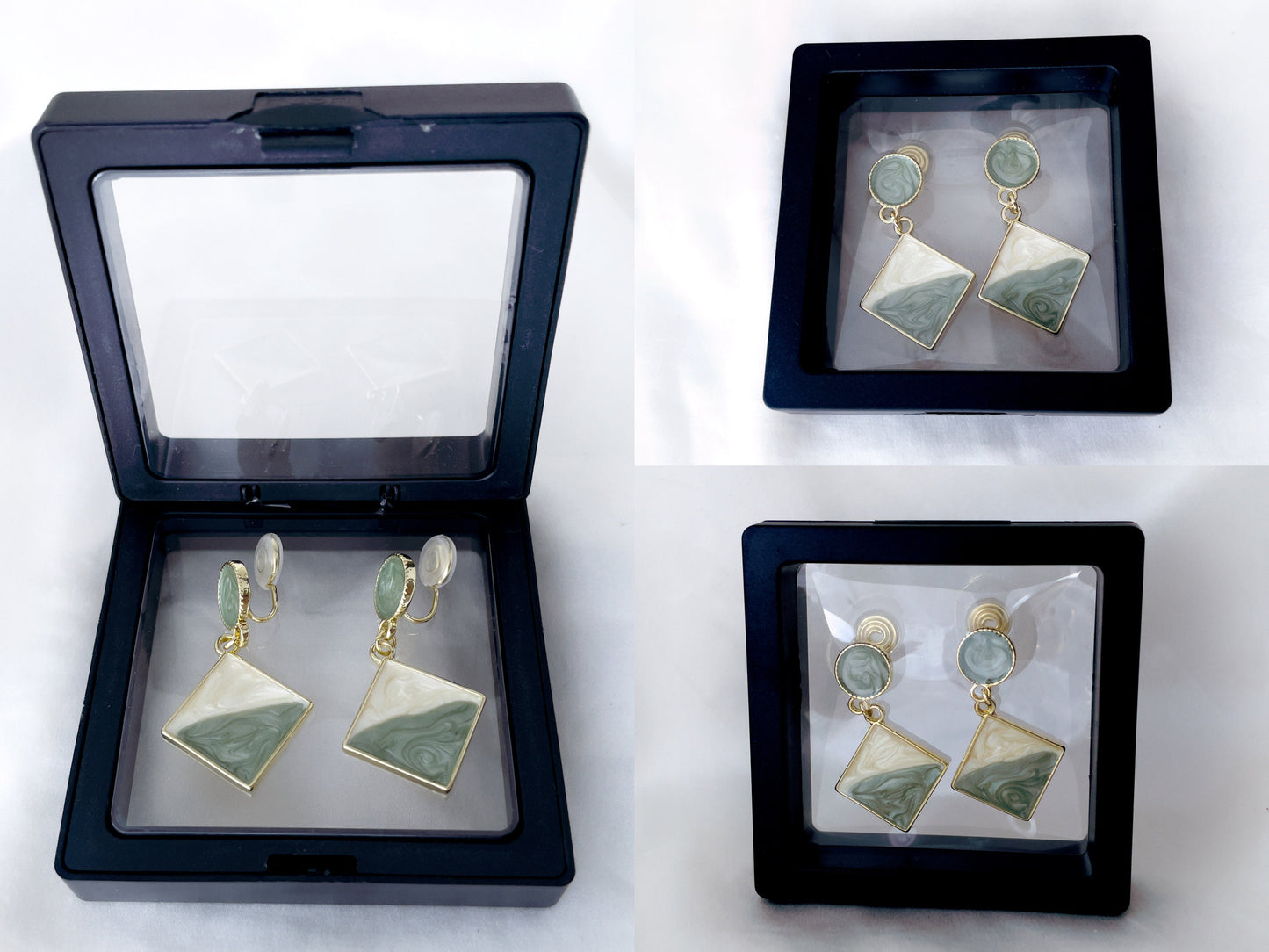 Green and White Square Drop Dangle Clip on Earrings