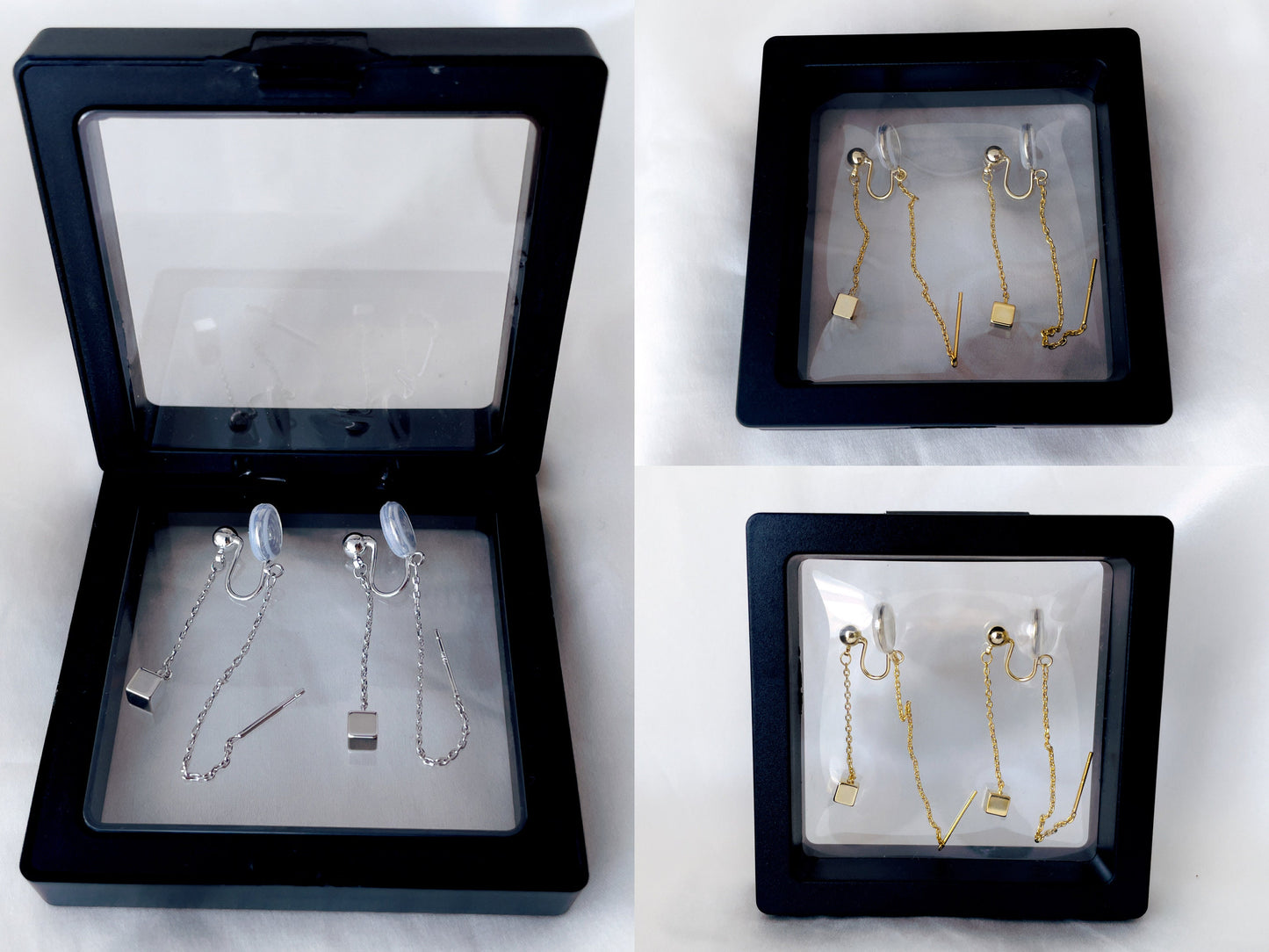 Double Long Chain Gold/Sliver Cube Dangle Drop Clip on Earrings