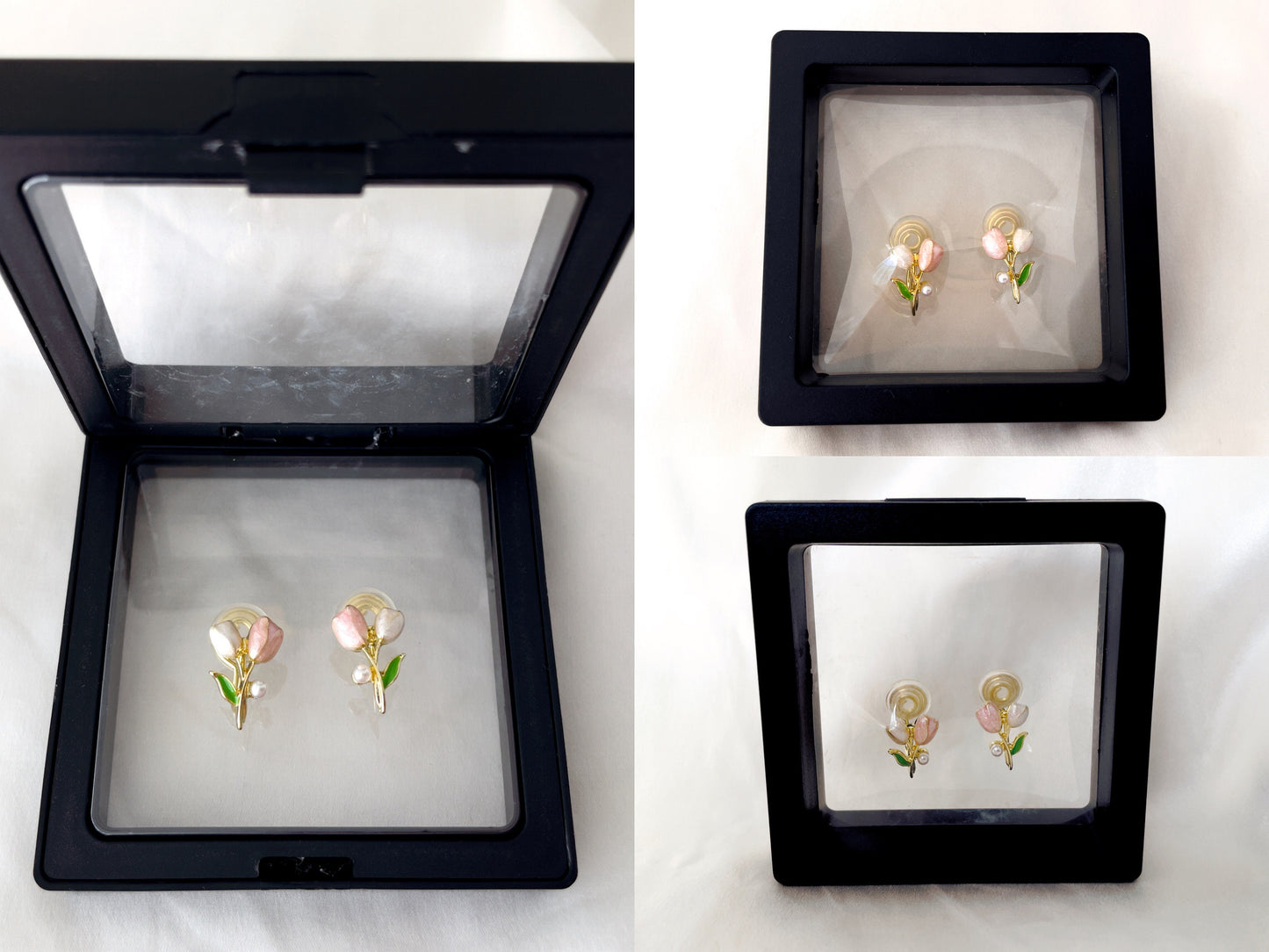 Delicate Dainty Tulip with Mini Pearl Clip on Earrings