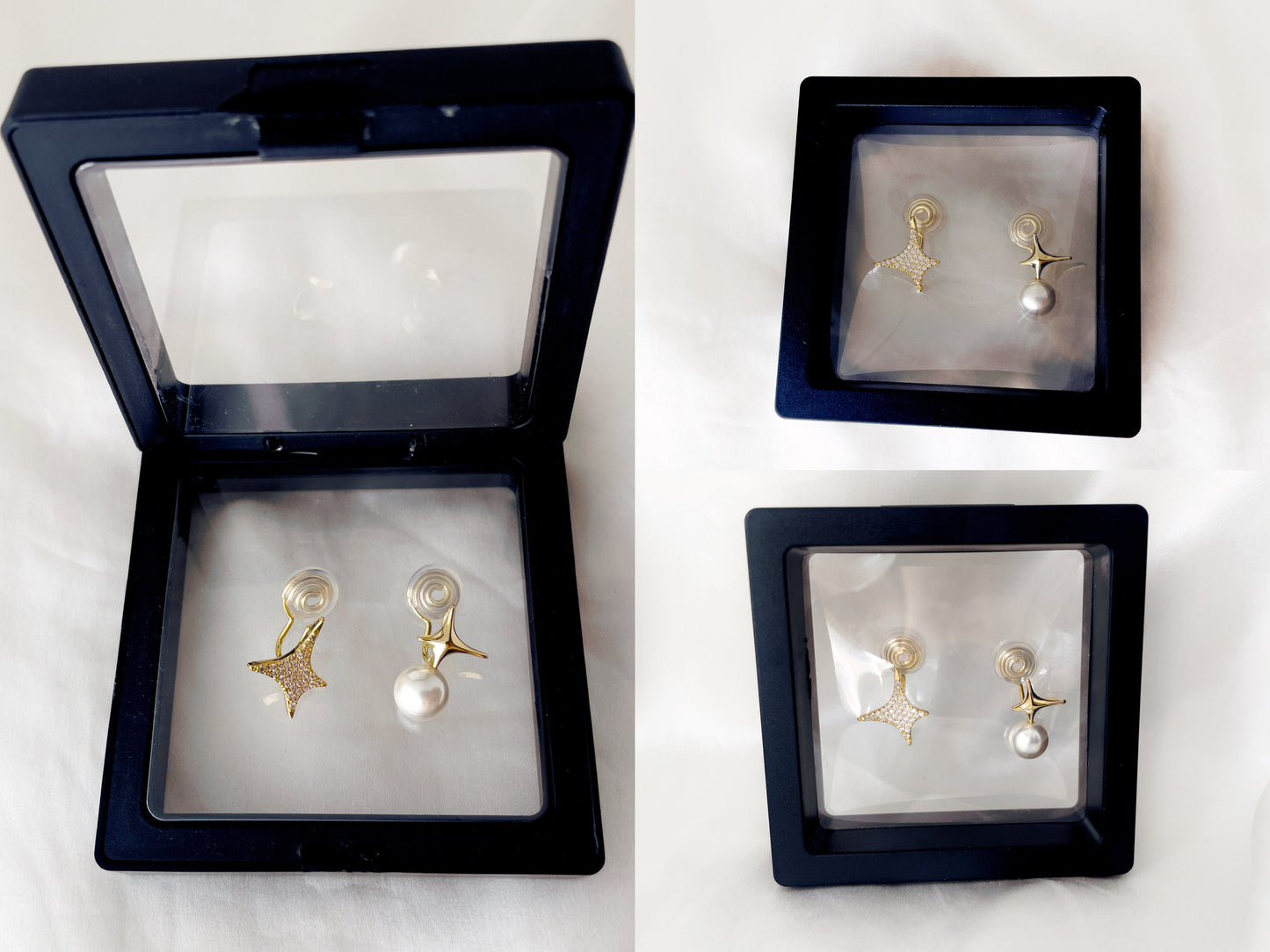 Mismatched Sparkly Gold/Silver Star and Pearl Clip on Earrings