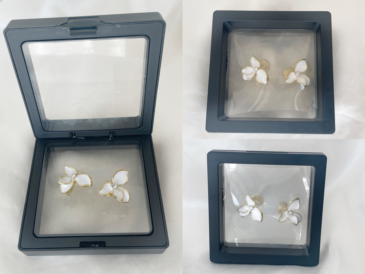 Delicate White Iris Flower Clip on Earrings