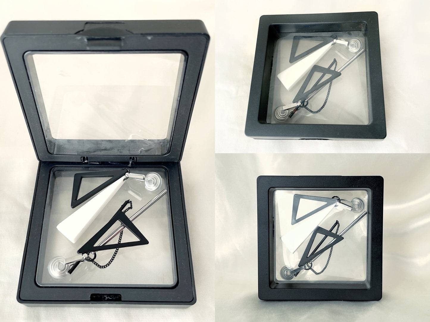 Mismatched Black White Dangle Drop Clip on Earrings