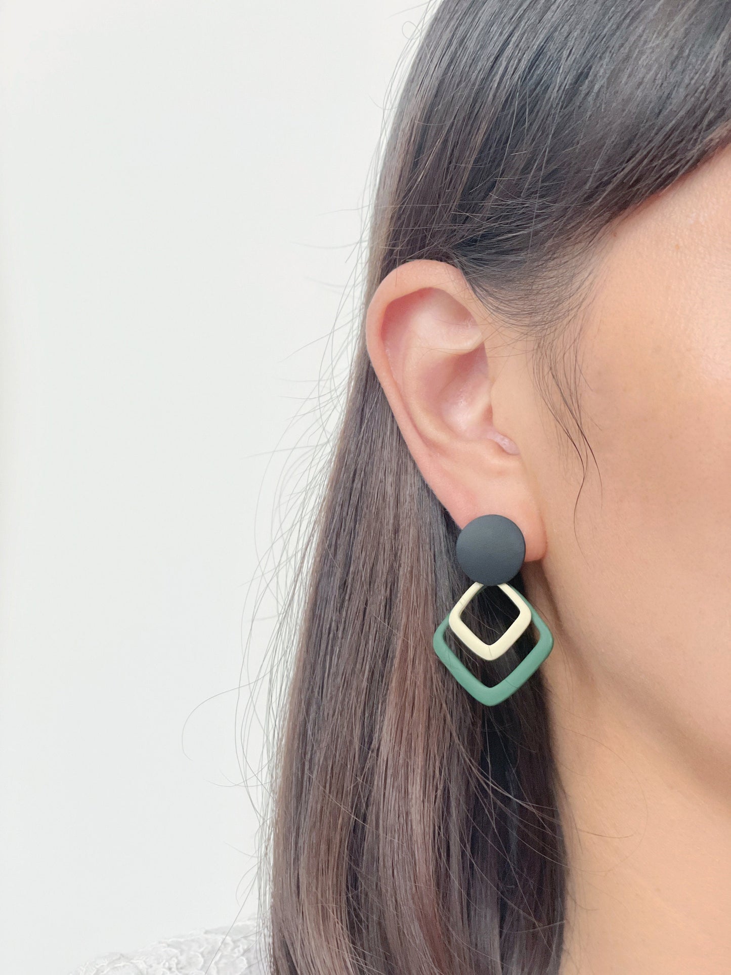 Square hoops dangle clip on earrings, Geometric matte green and white hoops clip on earrings, Comfortable clip on earrings