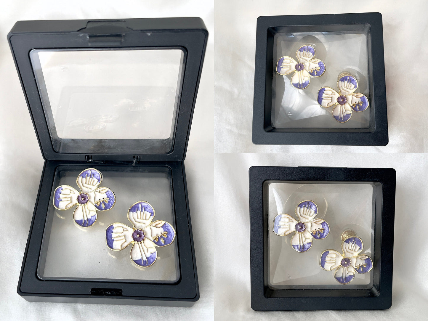 Purple and White Flower with Dragonfly Clip on Earrings