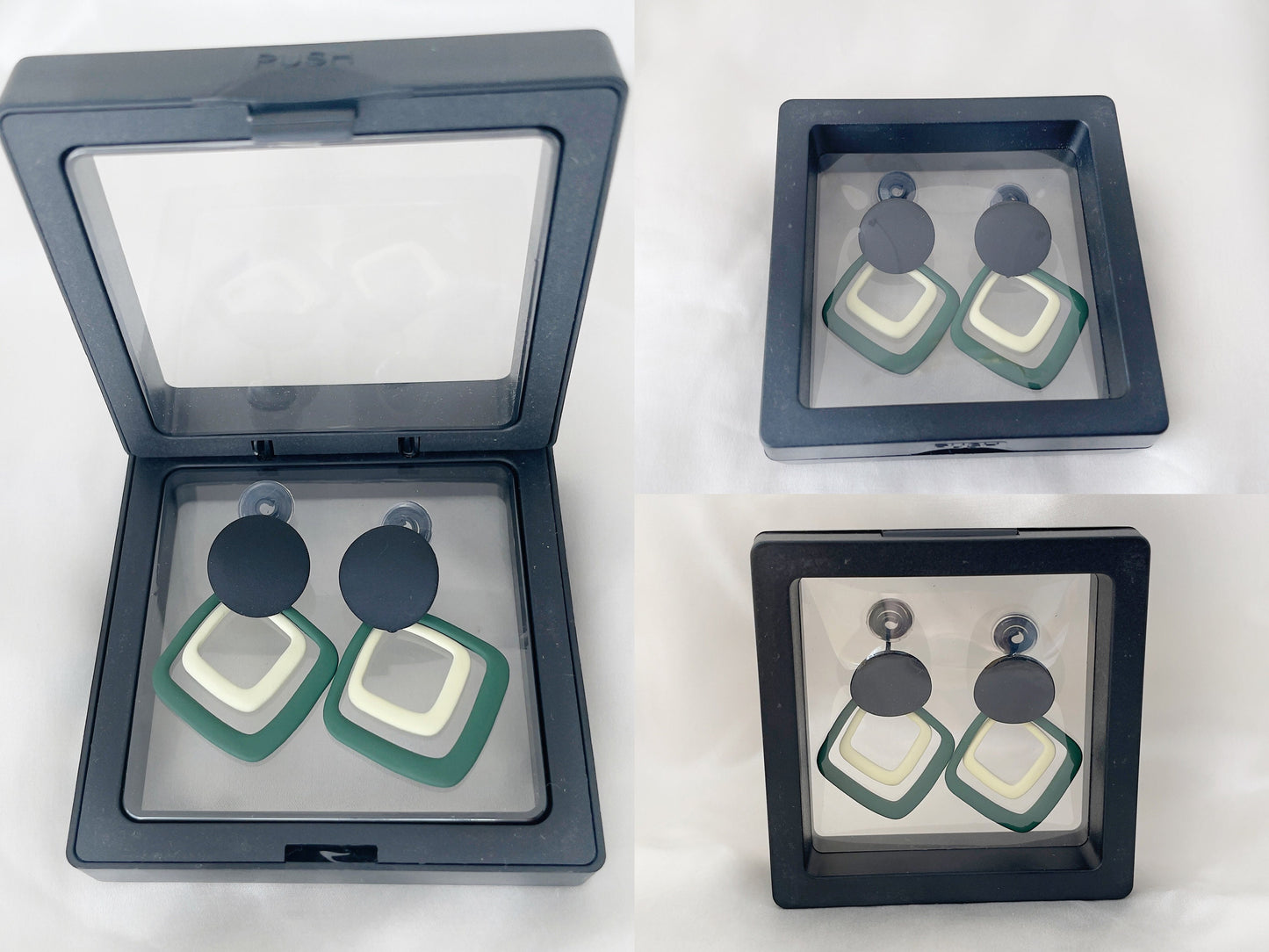Geometric Matte Green and White Square Hoops Clip on Earrings