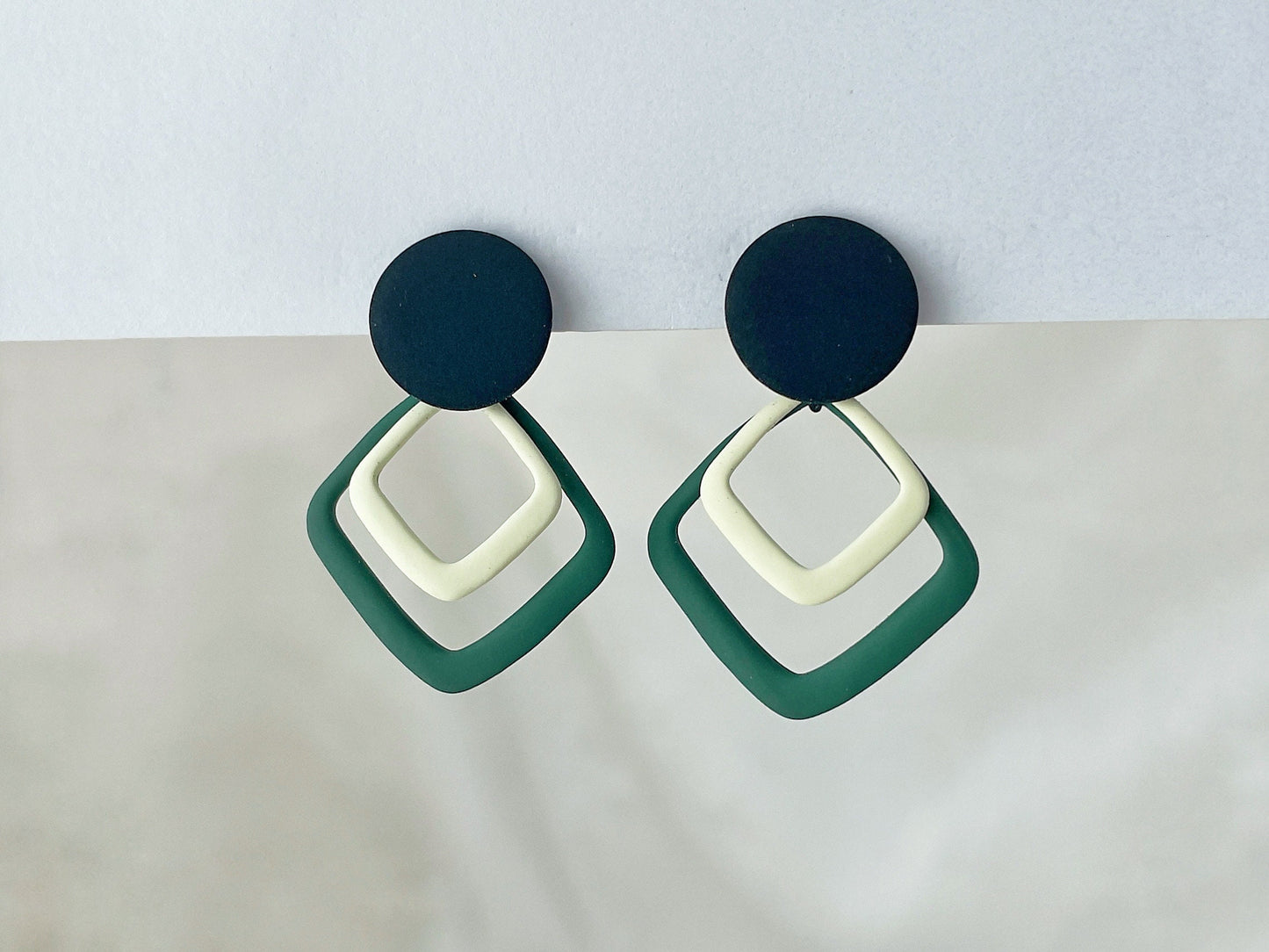 Square hoops dangle clip on earrings, Geometric matte green and white hoops clip on earrings, Comfortable clip on earrings