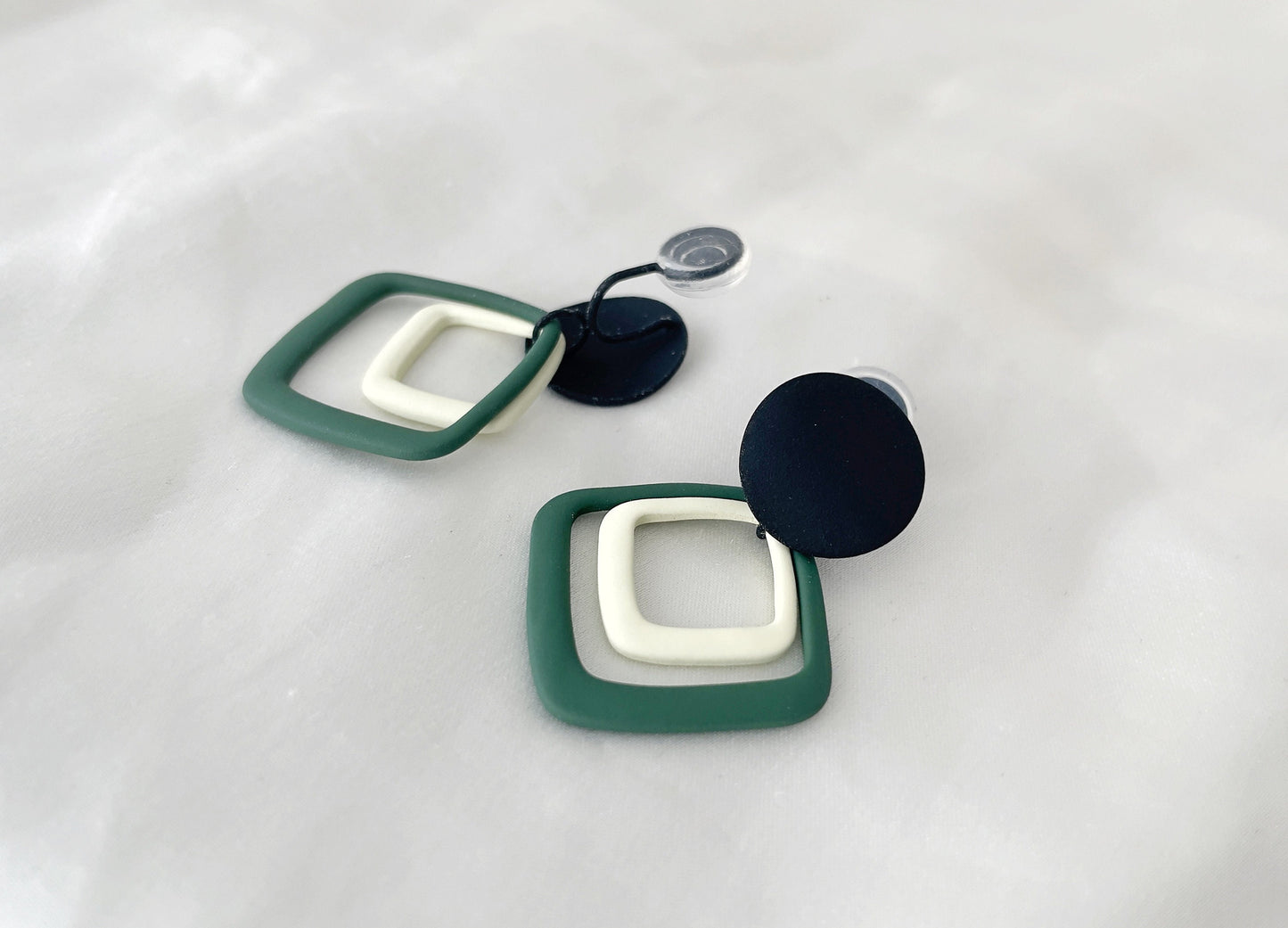 Square hoops dangle clip on earrings, Geometric matte green and white hoops clip on earrings, Comfortable clip on earrings