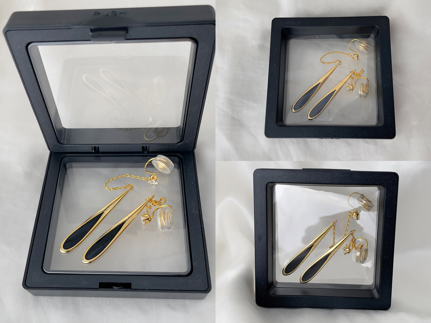 Minimalist Gold/Silver Long Chain Black Teardrop Dangle Clip on Earrings