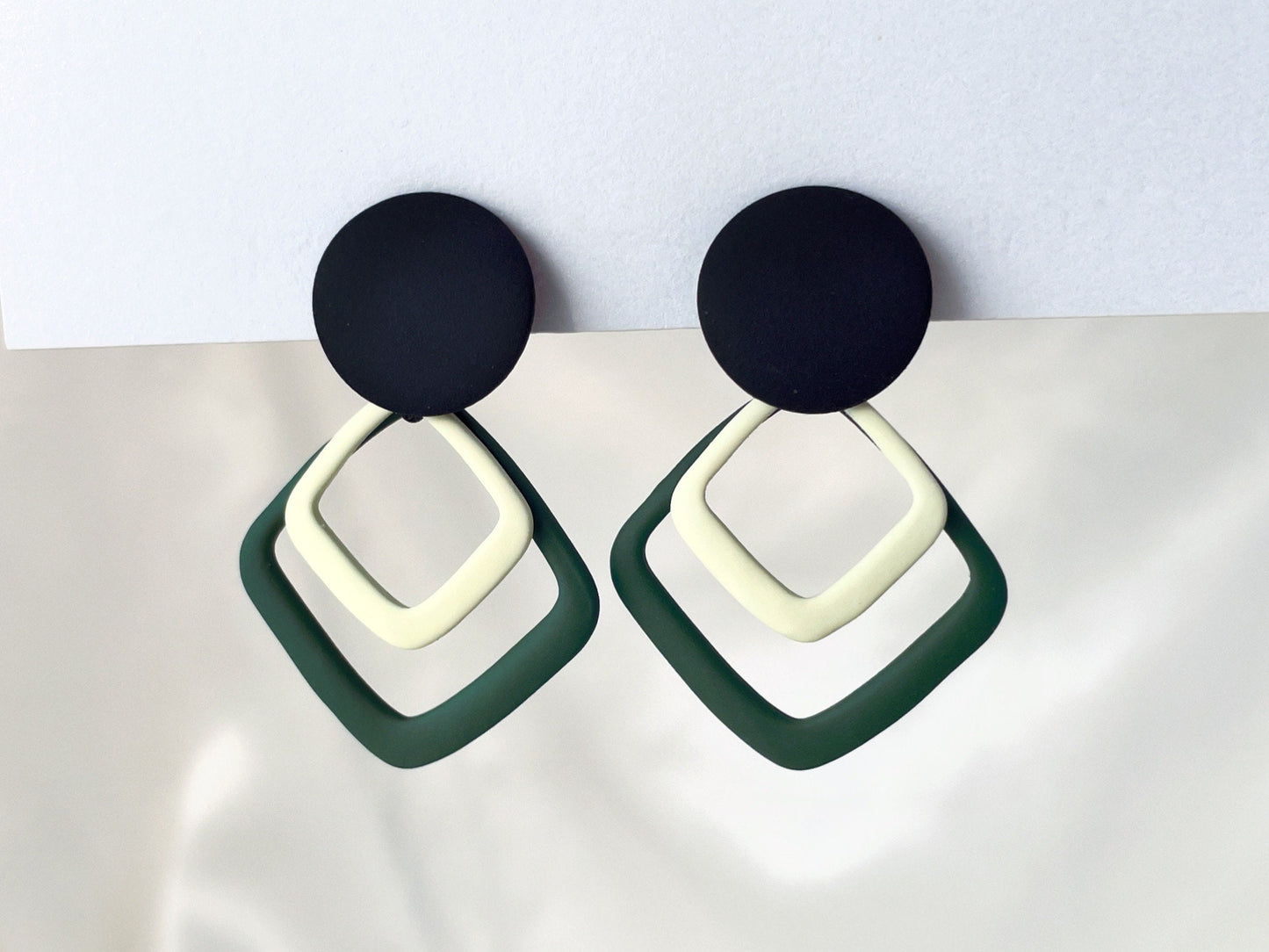 Square hoops dangle clip on earrings, Geometric matte green and white hoops clip on earrings, Comfortable clip on earrings
