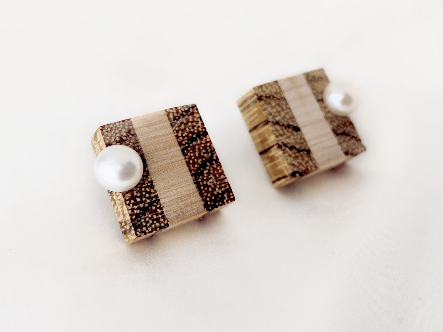 Handcrafted Wood Square with Embedded Freshwater Pearl Clip on Earrings, Geometric Wood Sterling Silver Studs