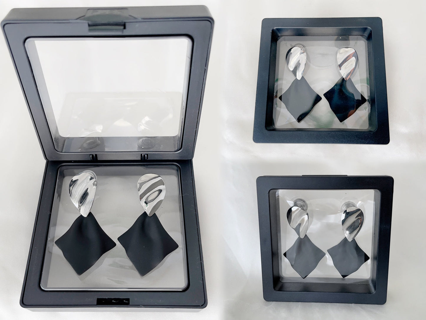 Abstract Silver and Black Metal Dangle Clip on Earrings