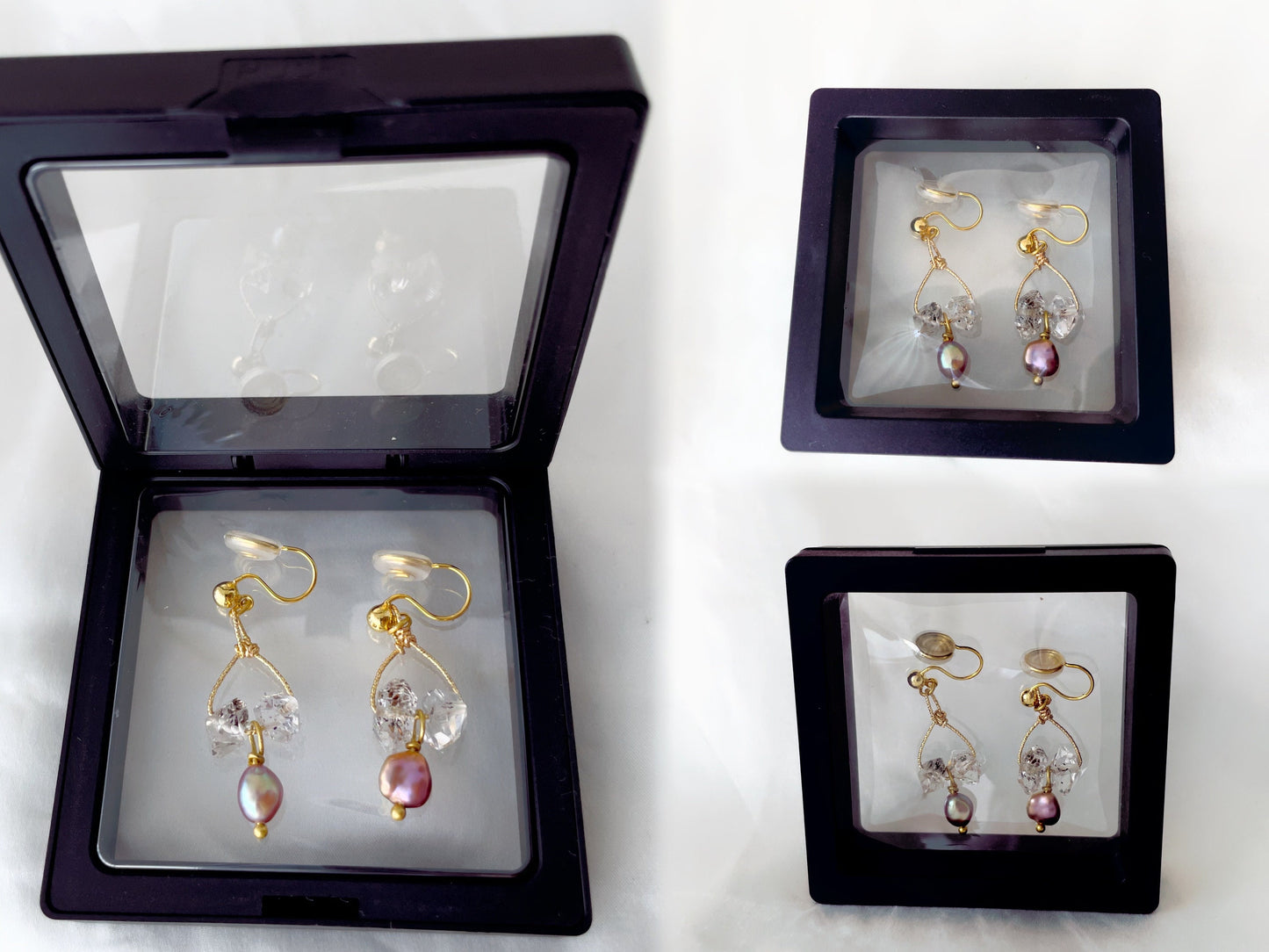 Handcrafted Herkimer Diamond and Baroque Pearl Dangle Clip on Earrings