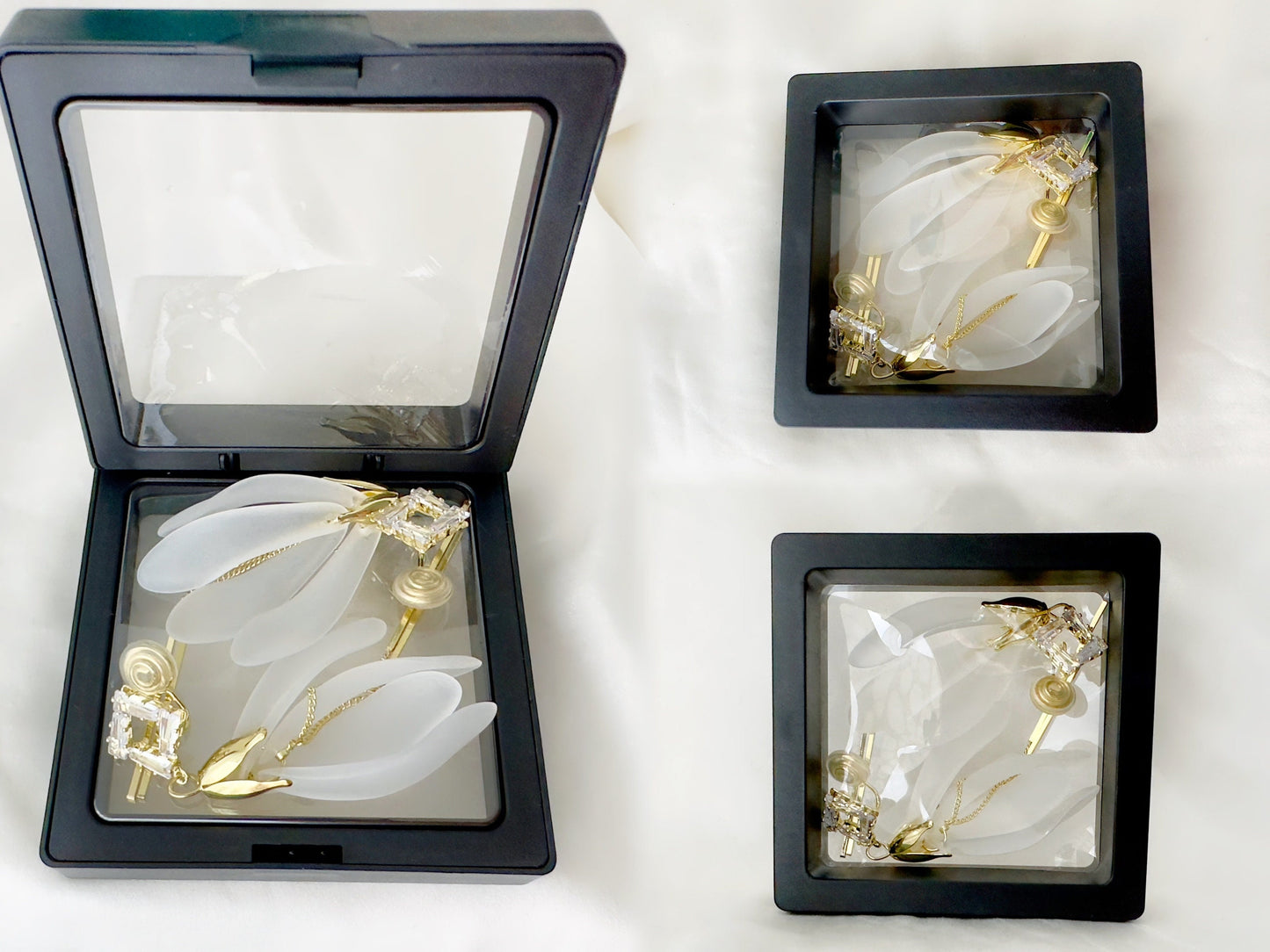 Dainty White Frosted Flower Dangle Clip on Earrings