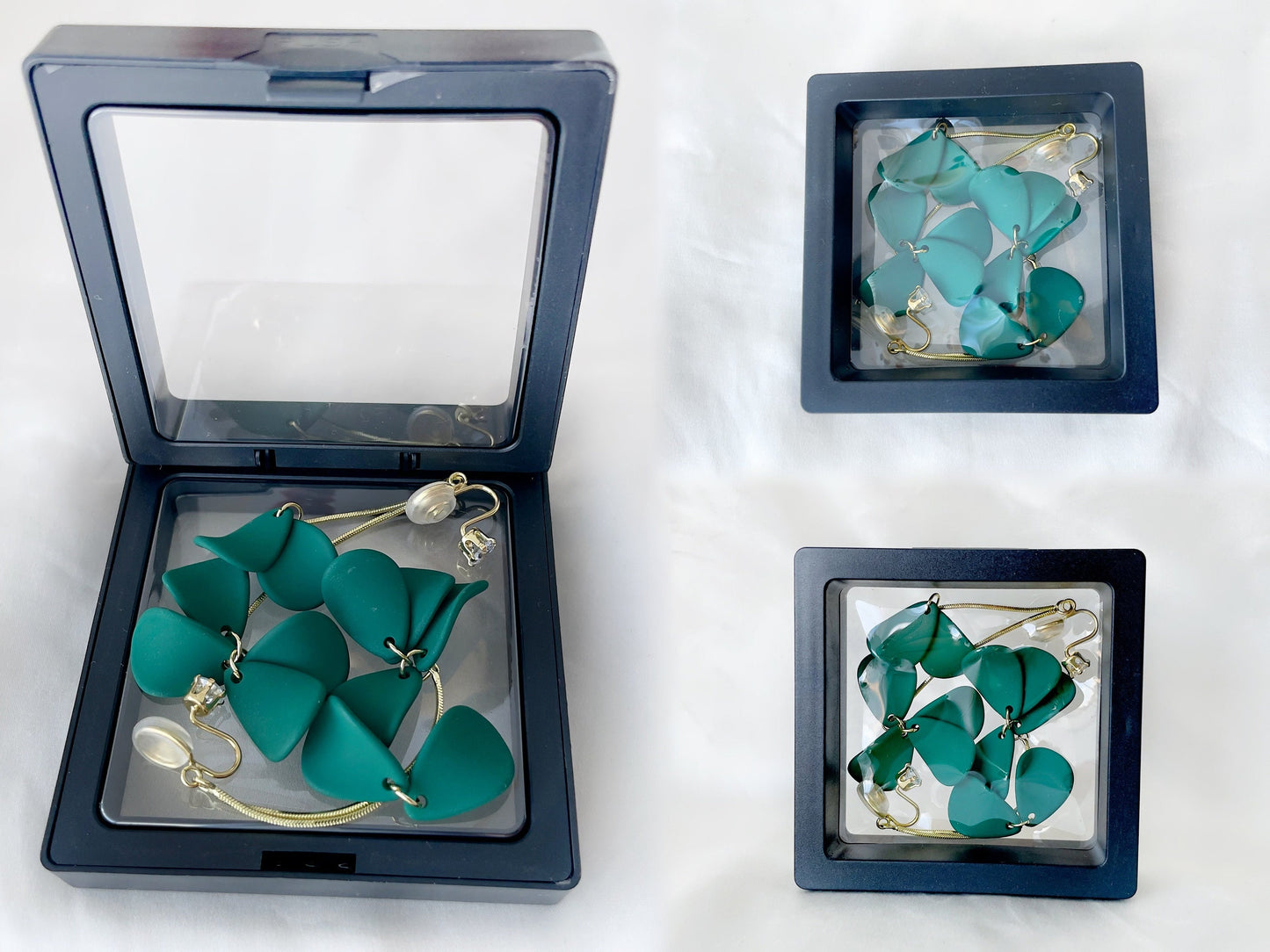 Dainty Green Petals Gold Thread Long Drop Clip on Earrings