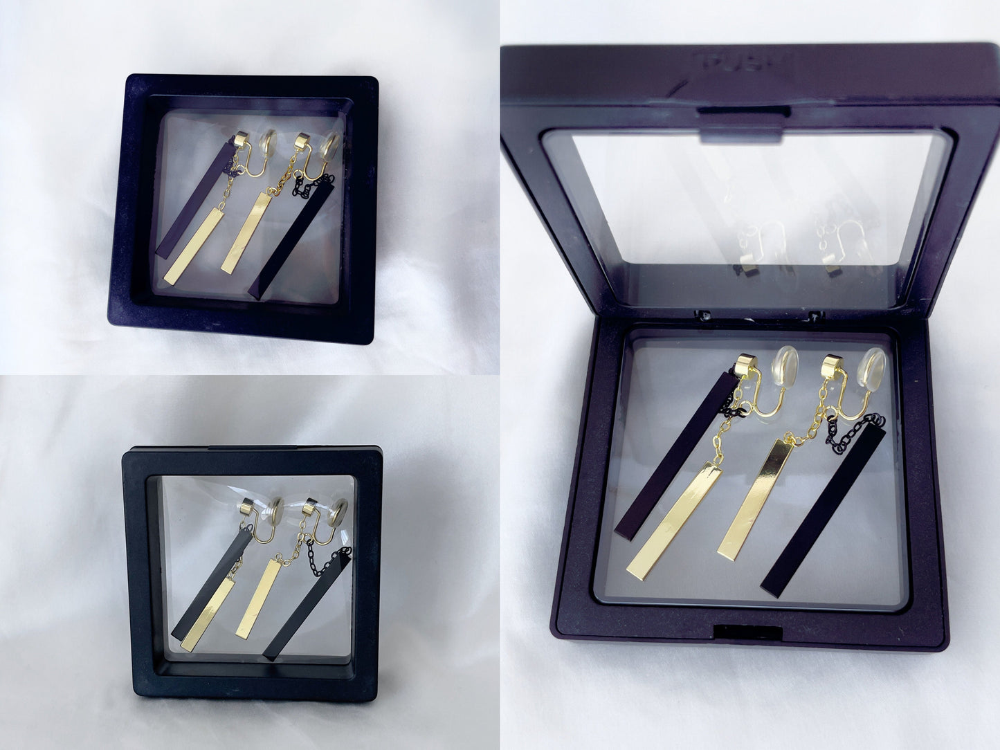 Minimalist Gold Black Chain Dangle Clip on Earrings