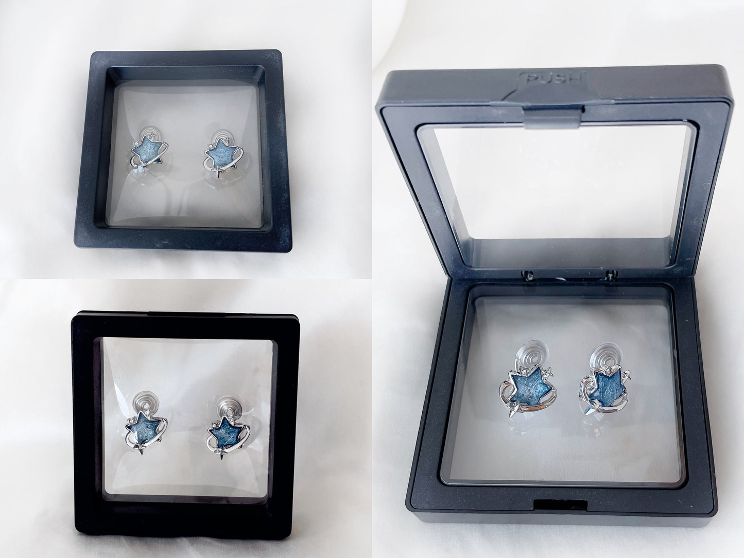 Twinkling Blue Star Silver Clip on Earrings