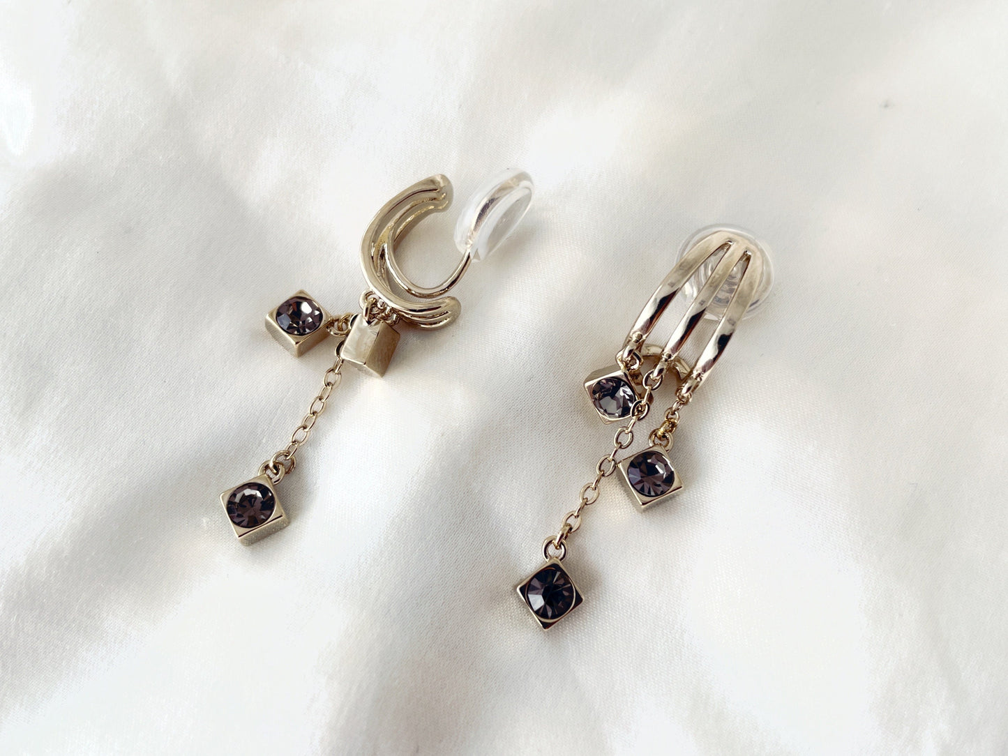 Vintage Silver Triple Hoop with CZ Charm Clip on Earrings