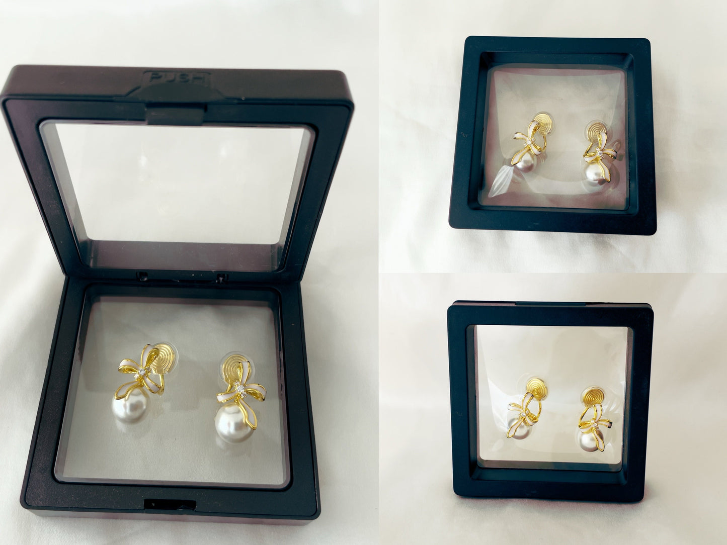 Dainty Gold Ribbon Bow Pearl Clip on Earrings