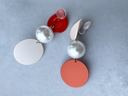 Mismatched Circle and Pearl Statement Clip on Earrings