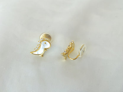 Mother of Pearl Dinosaur Clip on Earrings