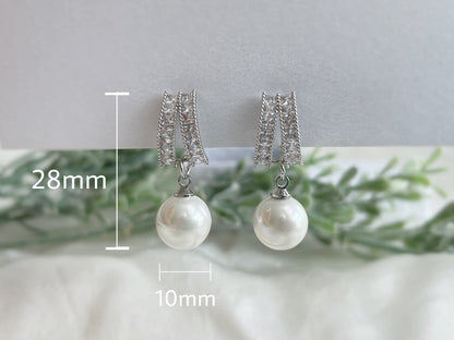 CZ Crystal 10mm Pearl Dangle Clip on Earrings