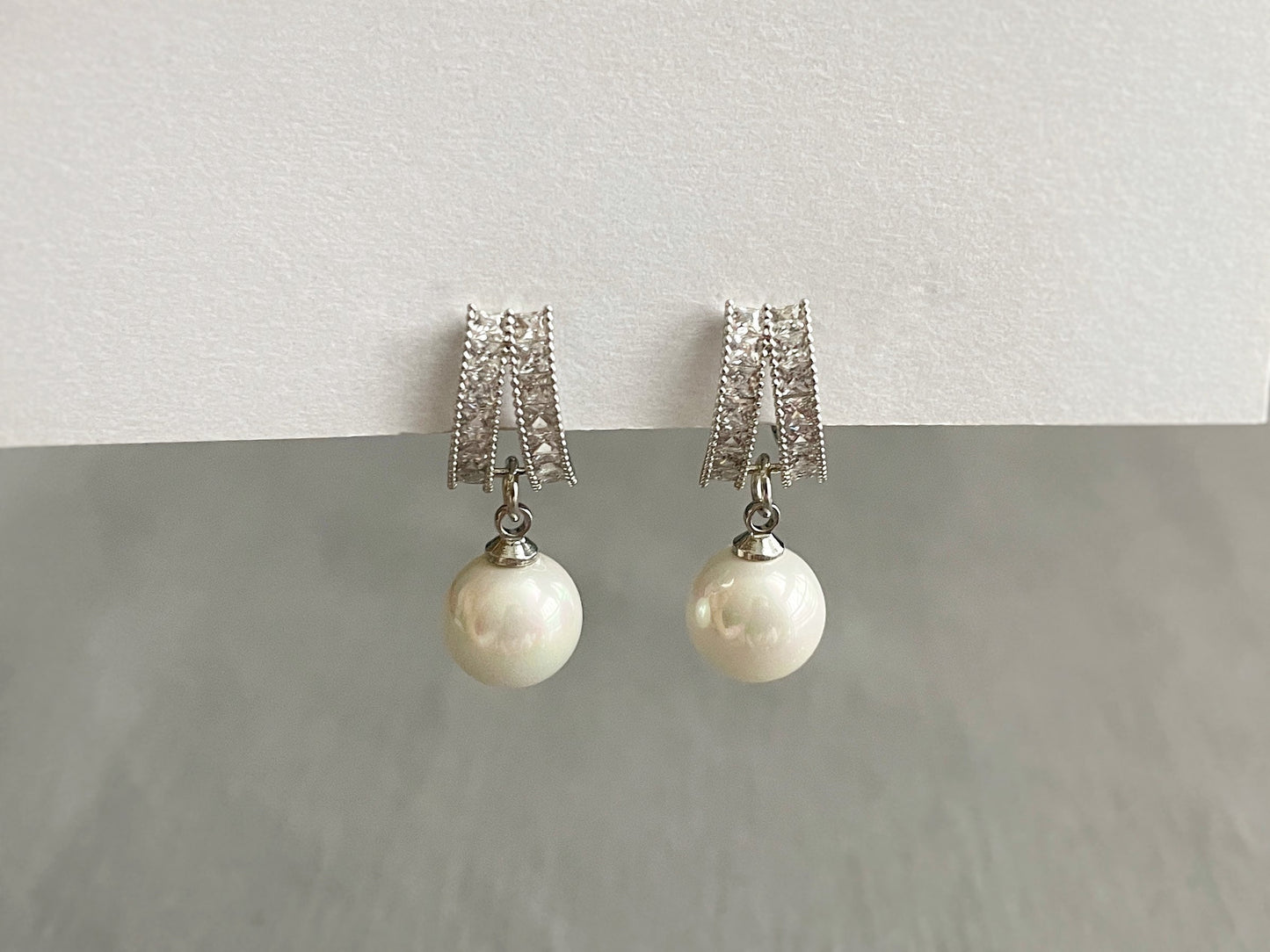 CZ Crystal 10mm Pearl Dangle Clip on Earrings