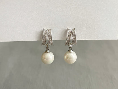 CZ Crystal 10mm Pearl Dangle Clip on Earrings