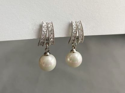CZ Crystal 10mm Pearl Dangle Clip on Earrings