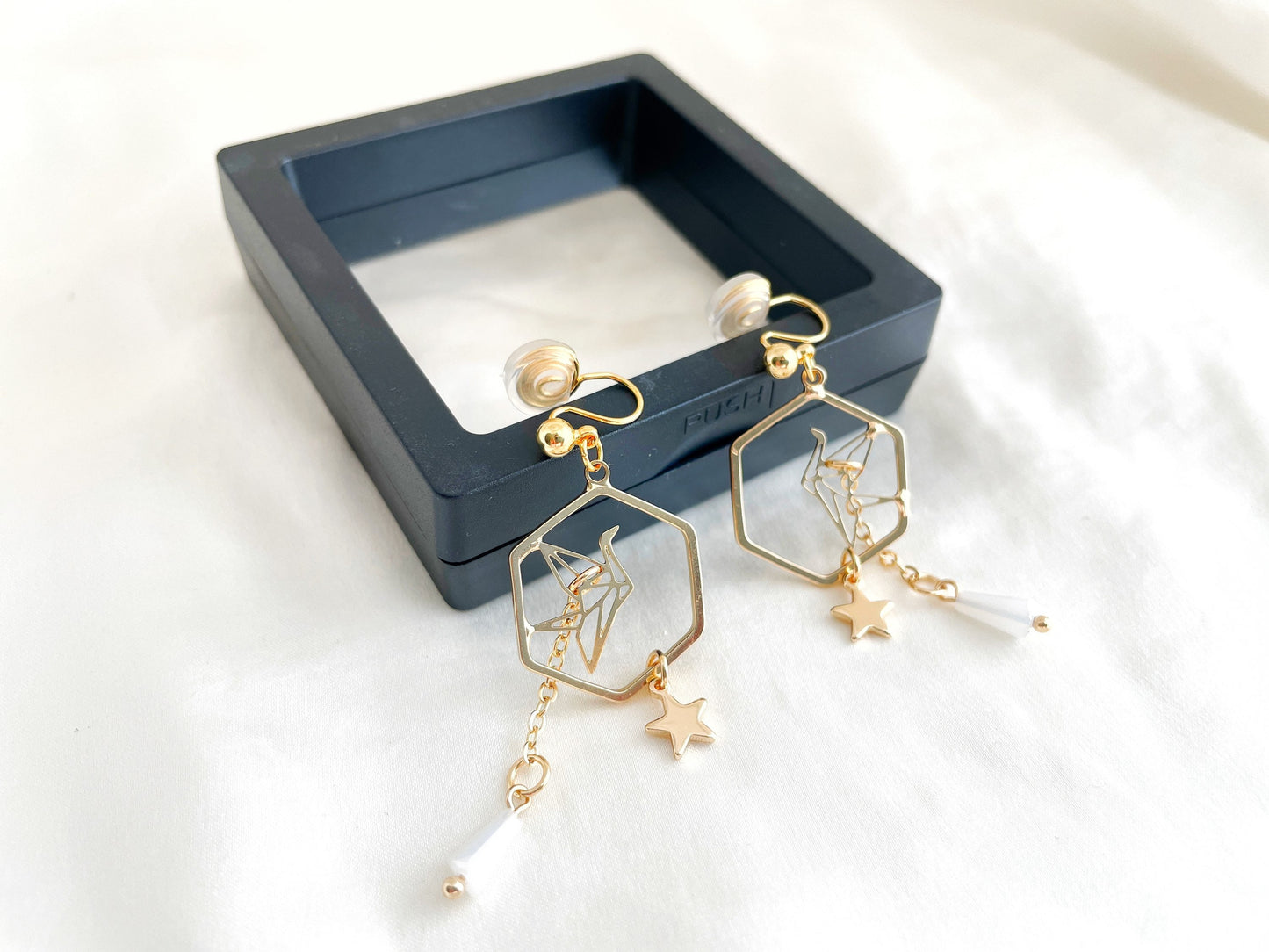 Gold Origami Crane Clip on Earrings
