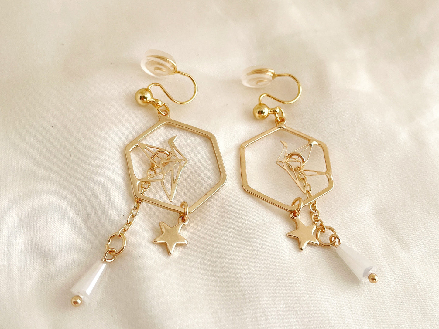 Gold Origami Crane Clip on Earrings